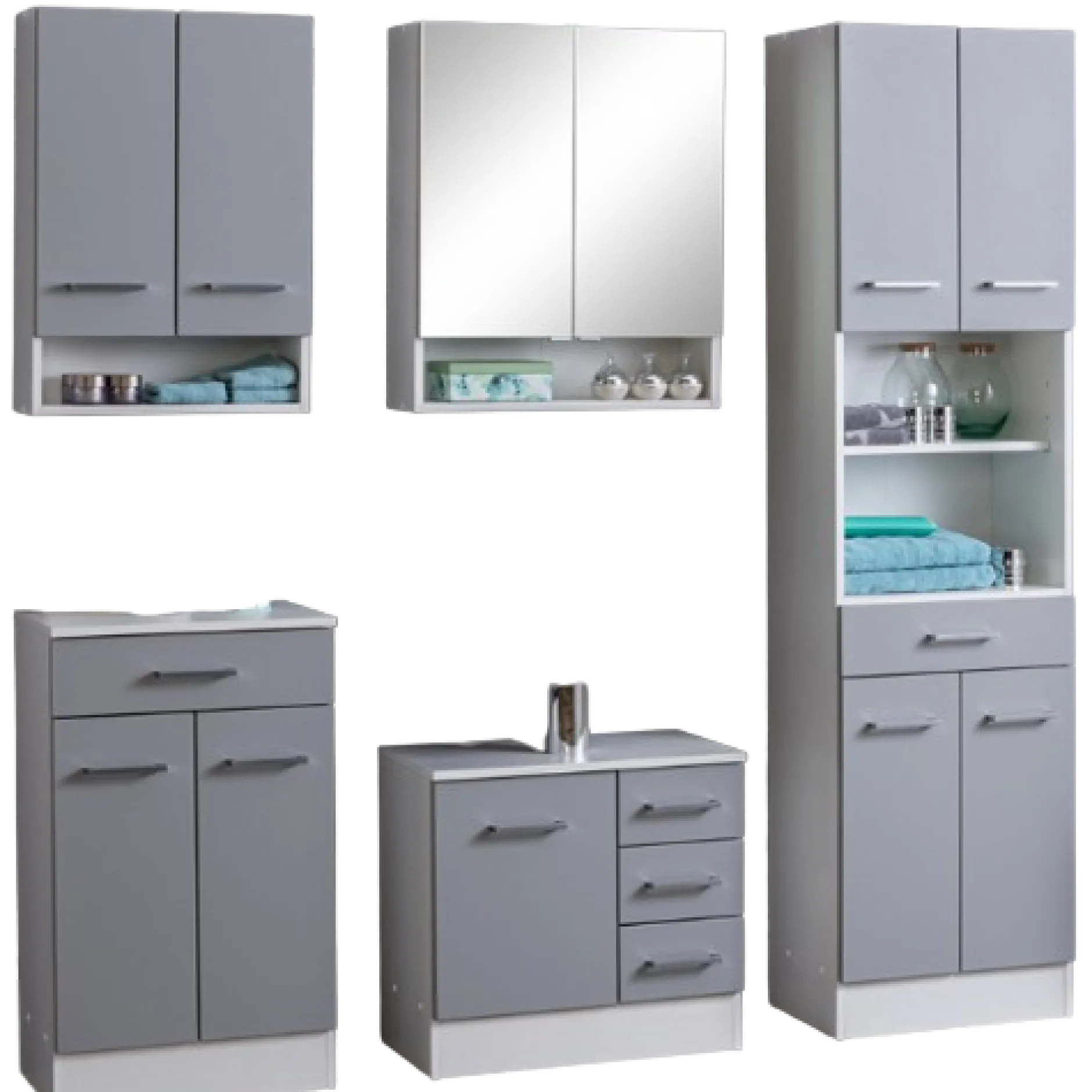 RiccaBadezimmer : Wandschrank, Badezimmerschrank, Spiegelschrank, Waschbeckenunterschrank, Säulenschrank - grau