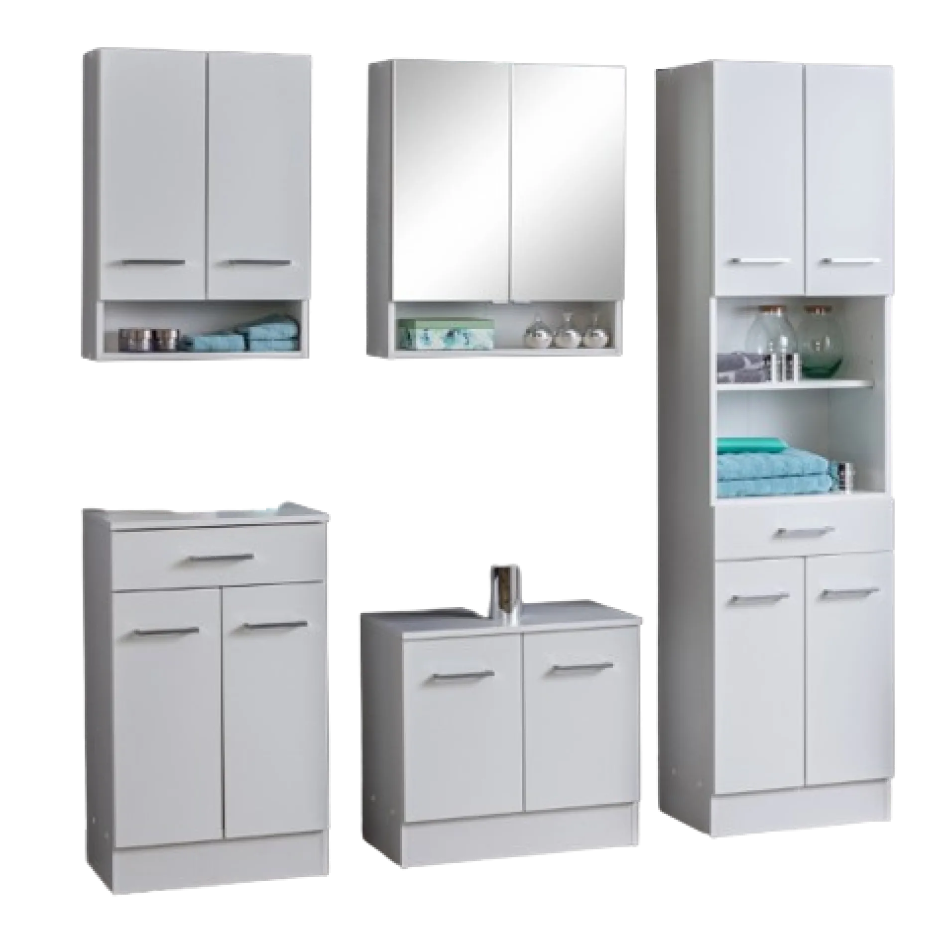 RiccaBadezimmer : Wandschrank, Badezimmerschrank, Spiegelschrank, Waschbeckenunterschrank, Säulenschrank - weiß