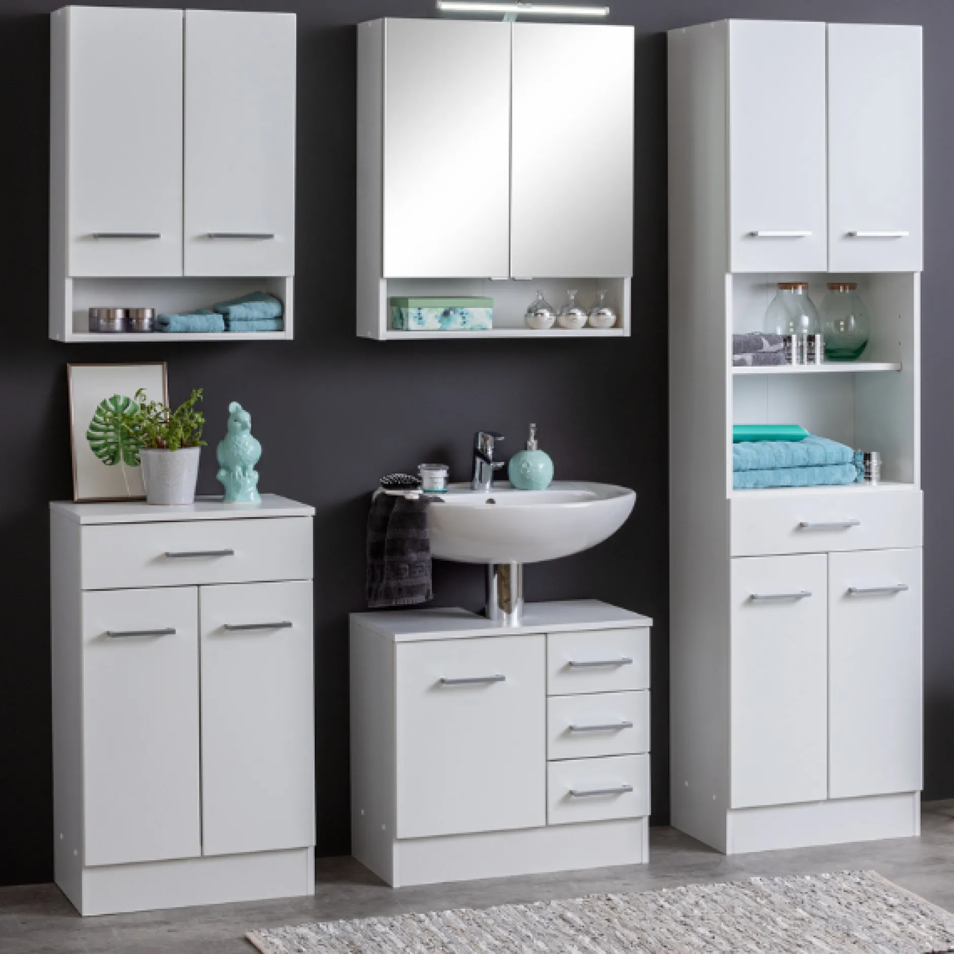 RiccaBadezimmer : Wandschrank, Badezimmerschrank, Spiegelschrank, Waschbeckenunterschrank, Säulenschrank - weiß