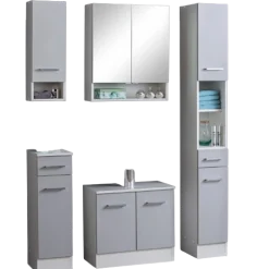 RiccaBadezimmer : Wandschrank, Badezimmerschrank, Spiegelschrank, Waschbeckenunterschrank, Säulenschrank - grau