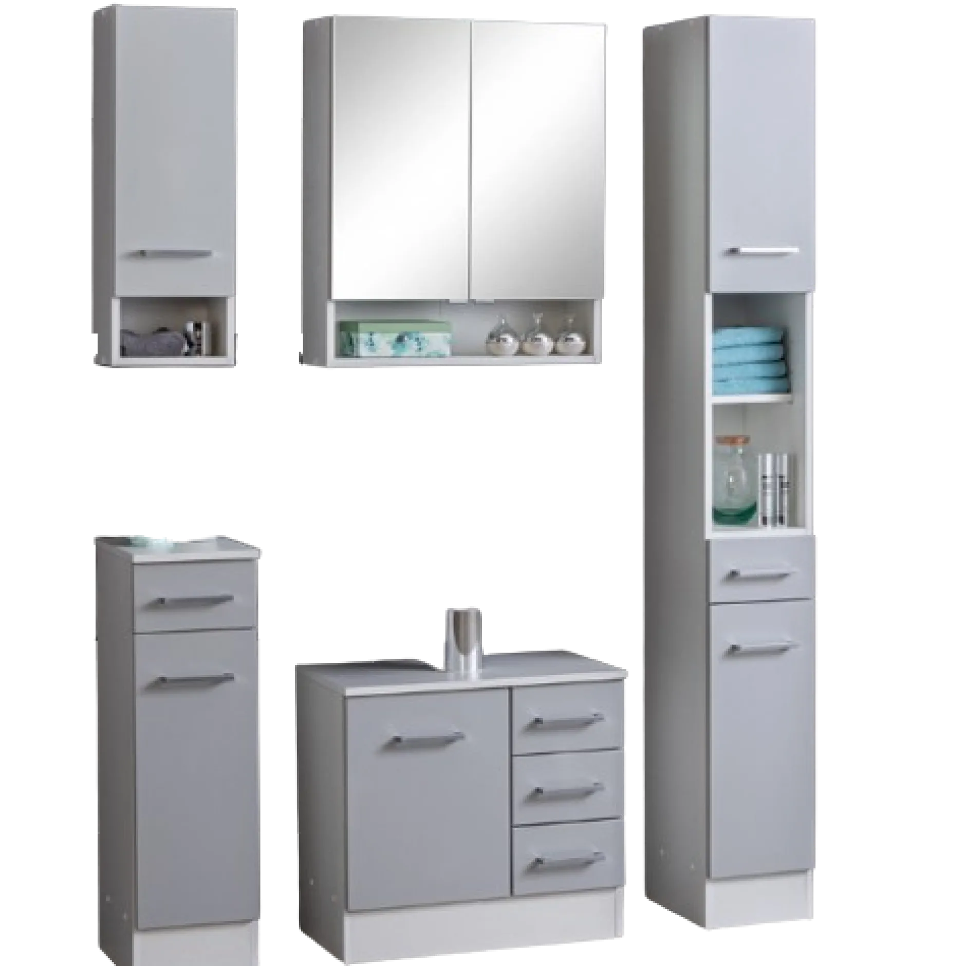 RiccaBadezimmer : Wandschrank, Badezimmerschrank, Spiegelschrank, Waschbeckenunterschrank, Säulenschrank - grau