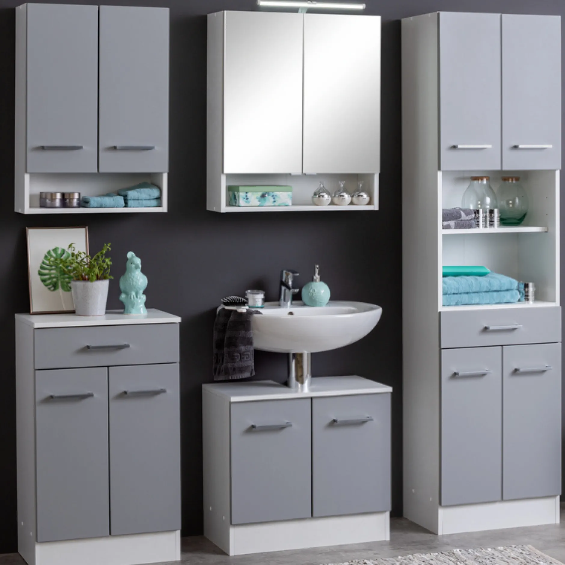 RiccaBadezimmer : Wandschrank, Badezimmerschrank, Spiegelschrank, Waschbeckenunterschrank, Säulenschrank - grau
