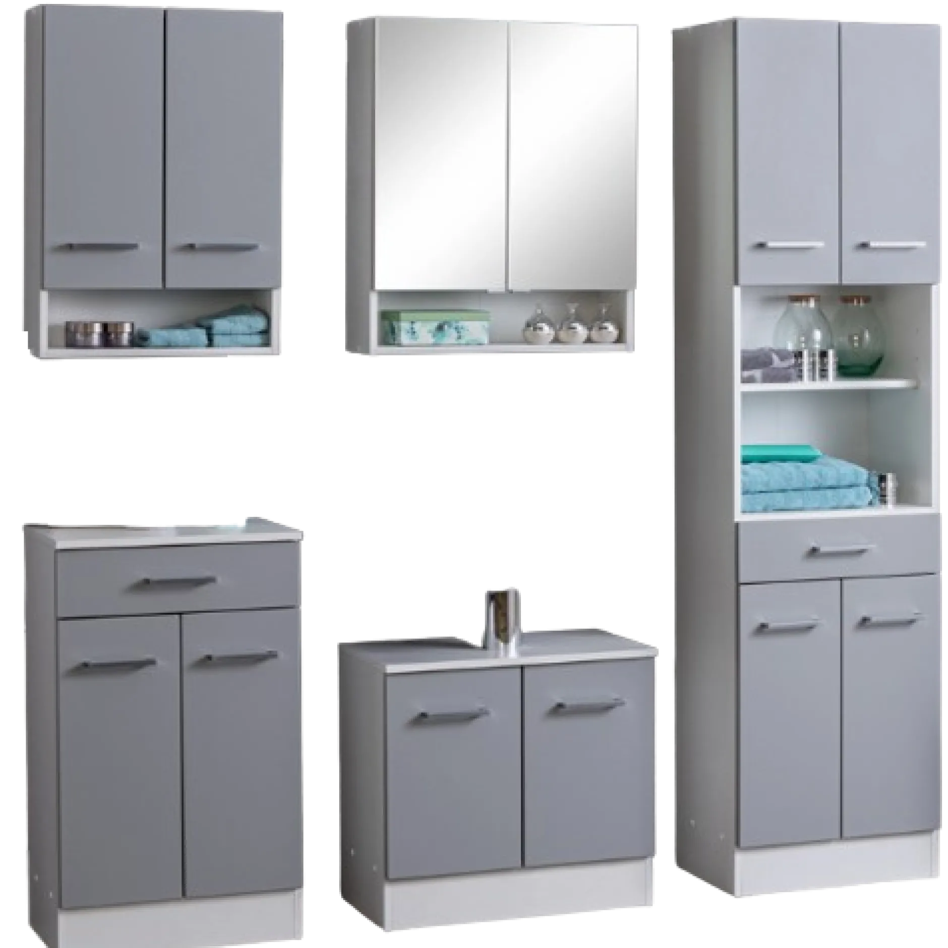 RiccaBadezimmer : Wandschrank, Badezimmerschrank, Spiegelschrank, Waschbeckenunterschrank, Säulenschrank - grau