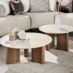 Romano Runder Keramischer Travertin Couchtisch Set/2