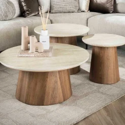 Romano Runder Keramischer Travertin Couchtisch Set/3