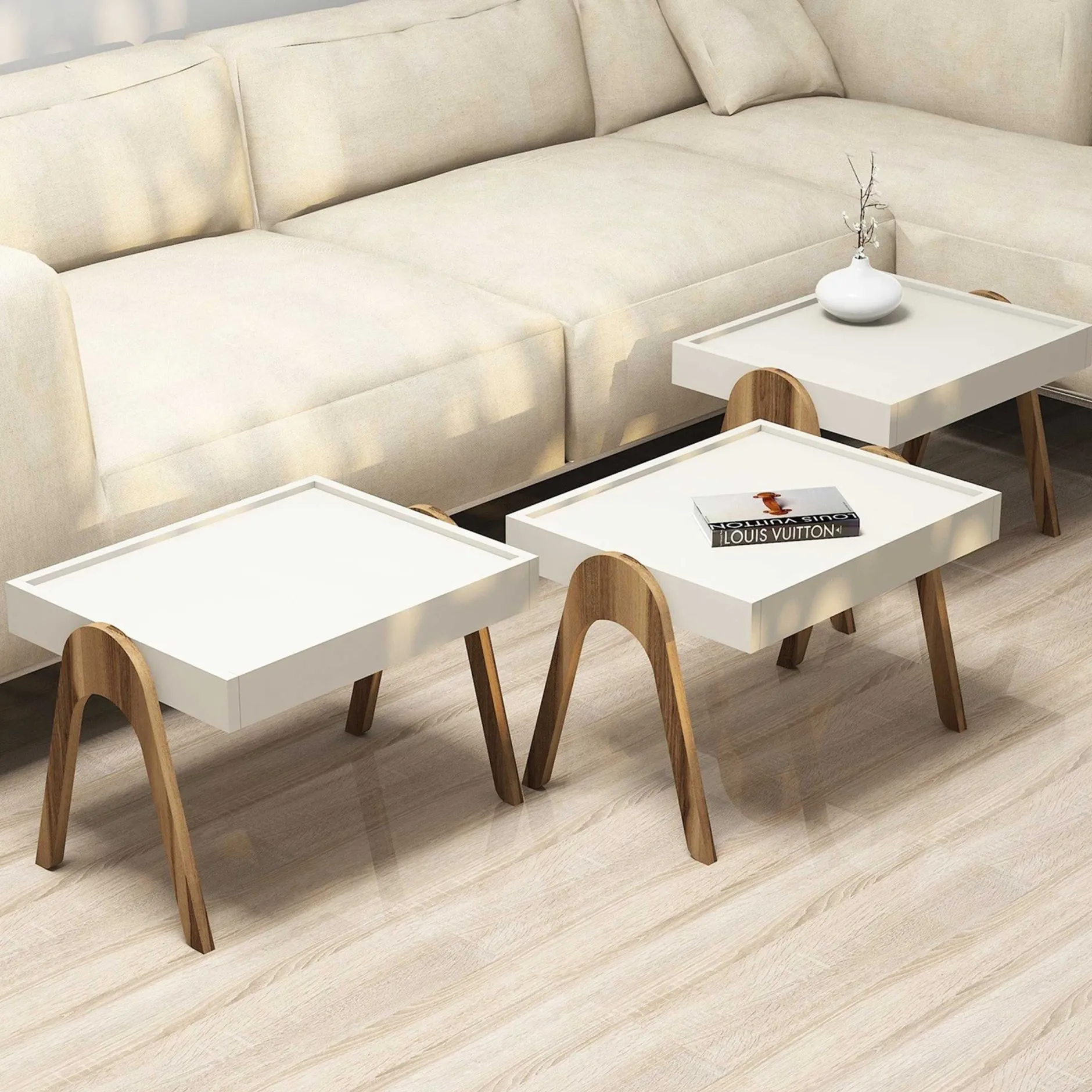 Roma Satztisch (3-teilig) | 100 % MELAMIN | Walnuss, Creme