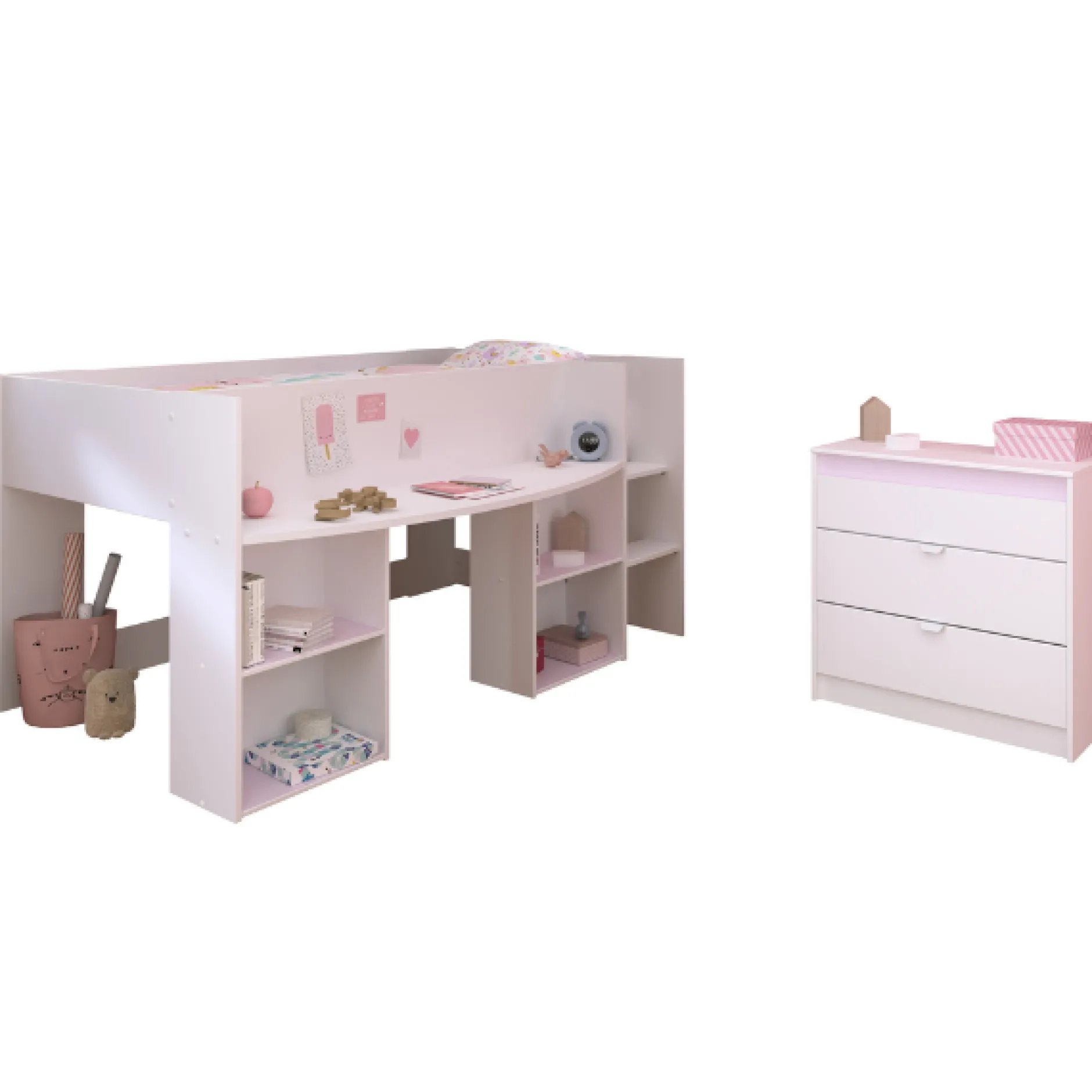 Rue-Schlafzimmer-Set | Halbhohe Schlafcouch und Kommode