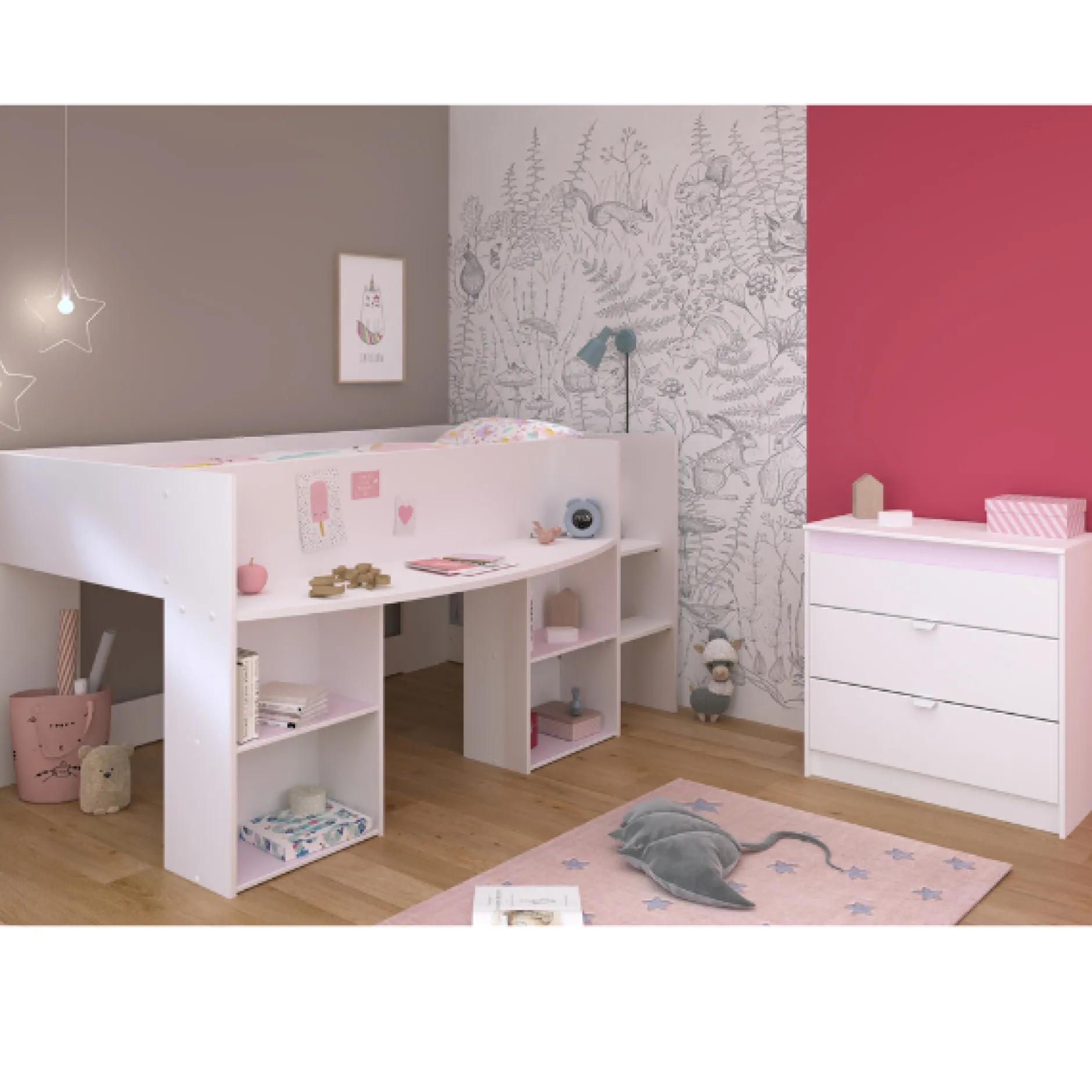 Rue-Schlafzimmer-Set | Halbhohe Schlafcouch und Kommode