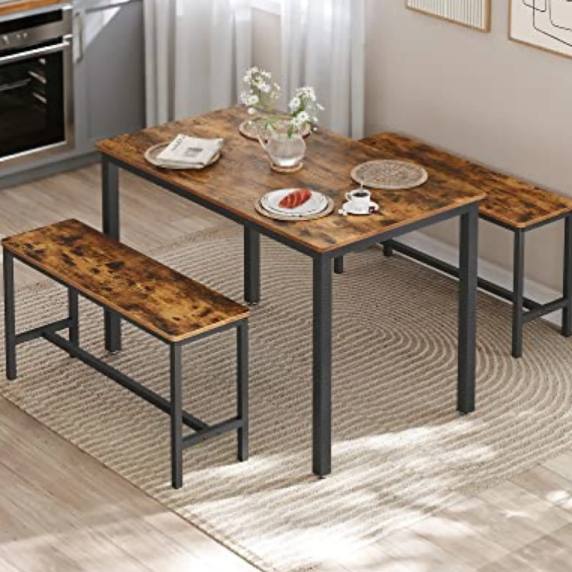 Rustikales 3er-Esszimmer-Set mit Tisch und Bänken Stahlrahmen Industriedesign