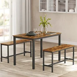 Rustikales 3er-Esszimmer-Set mit Tisch und Bänken Stahlrahmen Industriedesign