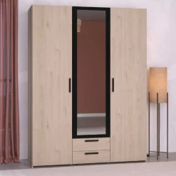 Salvador Kleiderschrank mit Spiegel, 3 Türen und 2 Schubladen - jackson oak/schwarz