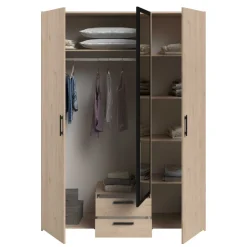 Salvador Kleiderschrank mit Spiegel, 3 Türen und 2 Schubladen - jackson oak/schwarz