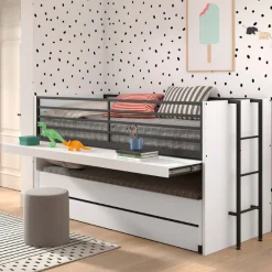 Sammie Halbhochbett 90x200cm mit 2 Betten, Bettkasten und Schreibtisch - weiß