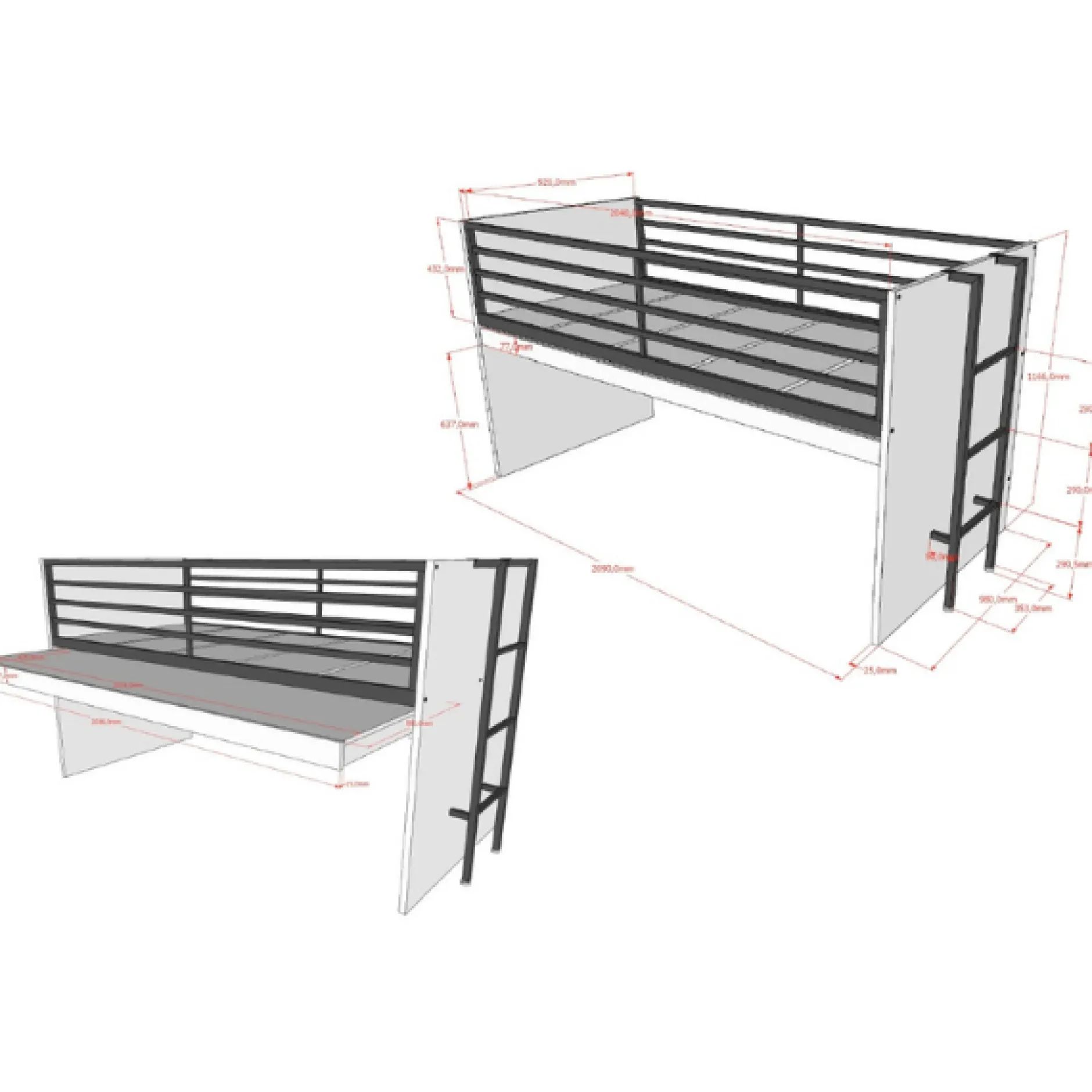 Sammie Halbhohes Bett 90x200cm - mit Schreibtisch und Kommode - weiß
