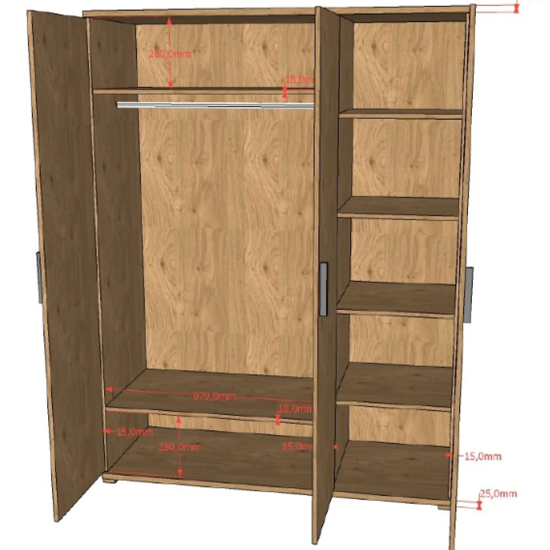 Sammie Kleiderschrank - 150x59x199cm - 3 Türen - Eiche Dekor