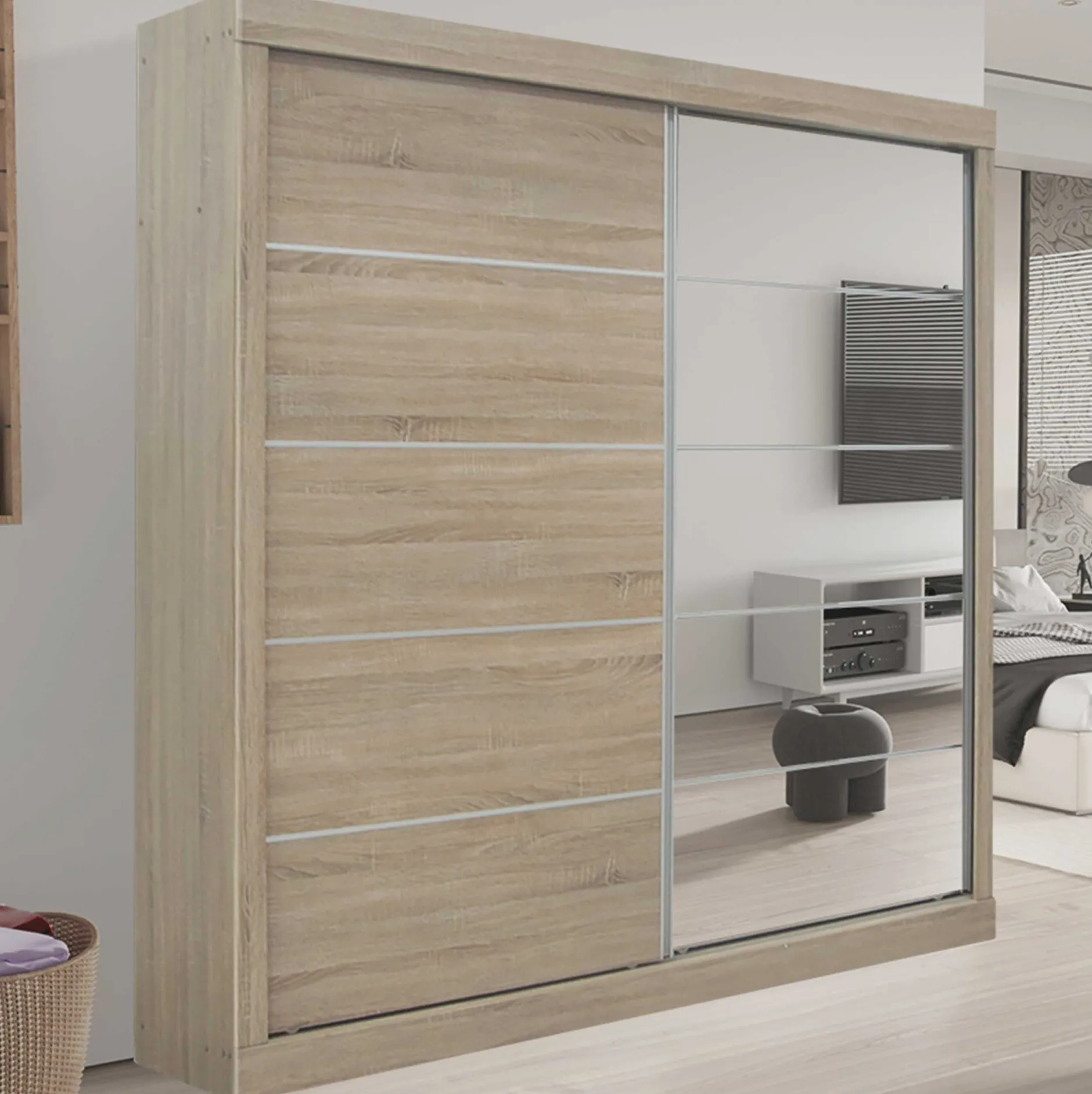 Schiebeschrank Mike mit Spiegeltür | Sonoma, Spanplatte, MDF | 197,5 x 182,5 x 52,5 cm