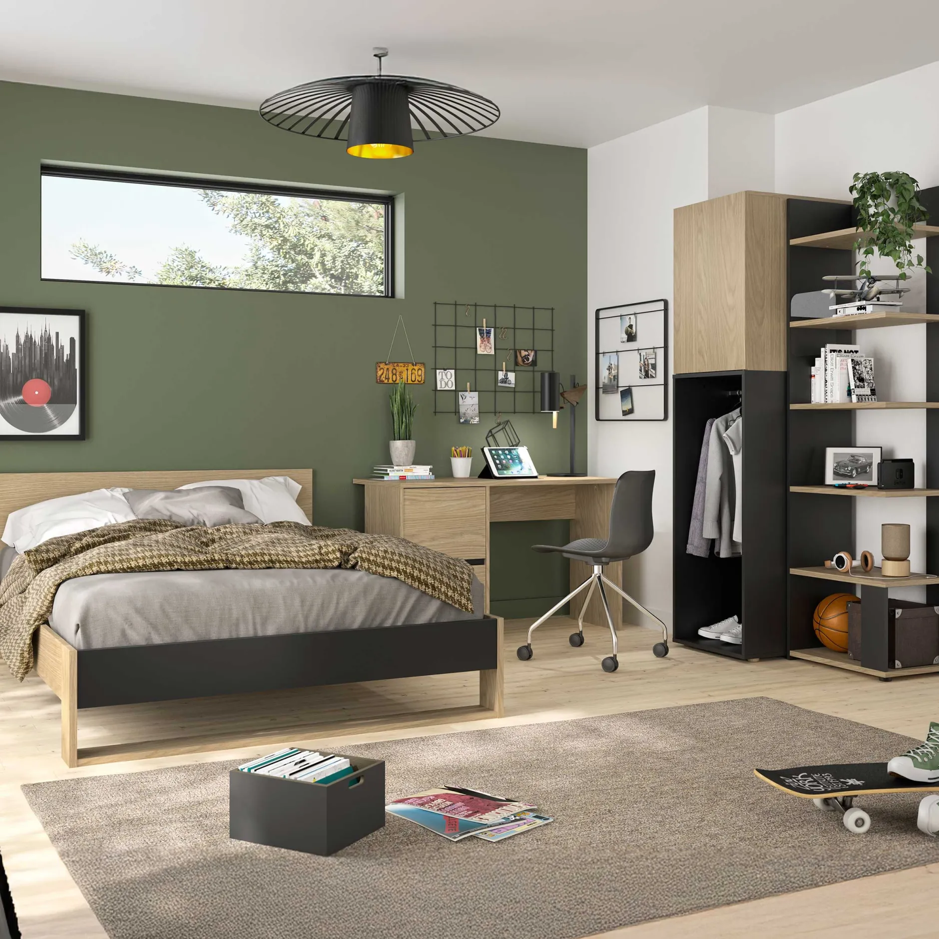 Schlafzimmer Nael: Doppelbett 140x200, Schreibtisch, Bücherregal, Kleiderschrank - Eiche Dekor/schwarz