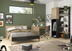 Schlafzimmer Nael: Doppelbett 140x200, Schreibtisch, Bücherregal, Kleiderschrank - Eiche Dekor/schwarz