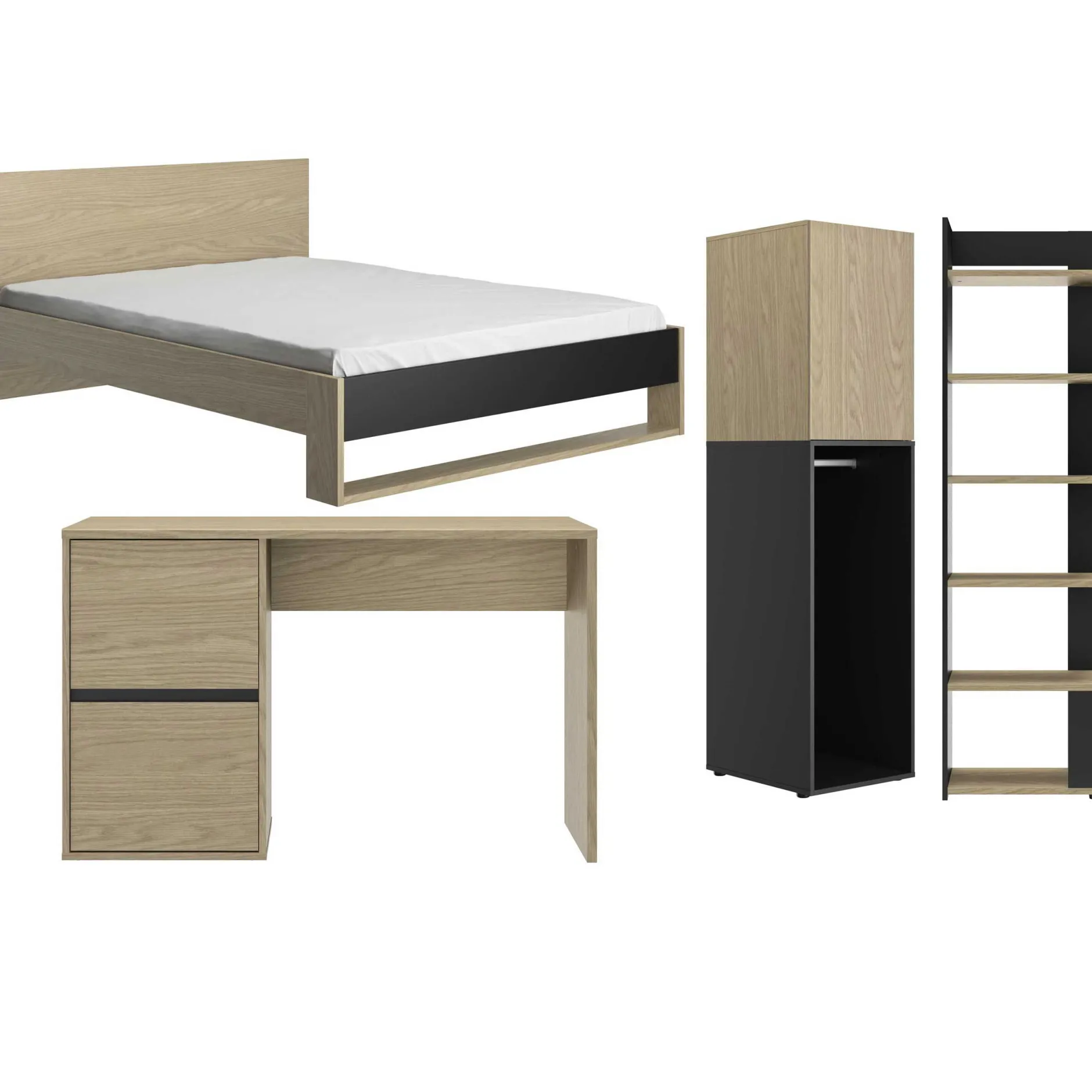 Schlafzimmer Nael: Doppelbett 140x200, Schreibtisch, Bücherregal, Kleiderschrank - Eiche Dekor/schwarz