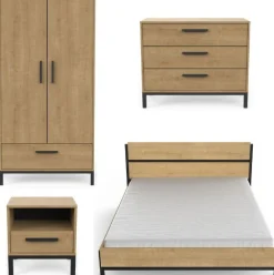 Schlafzimmerset Craig | Doppelbett, Nachttisch, Kleiderschrank, Kommode | Oak Matte Black