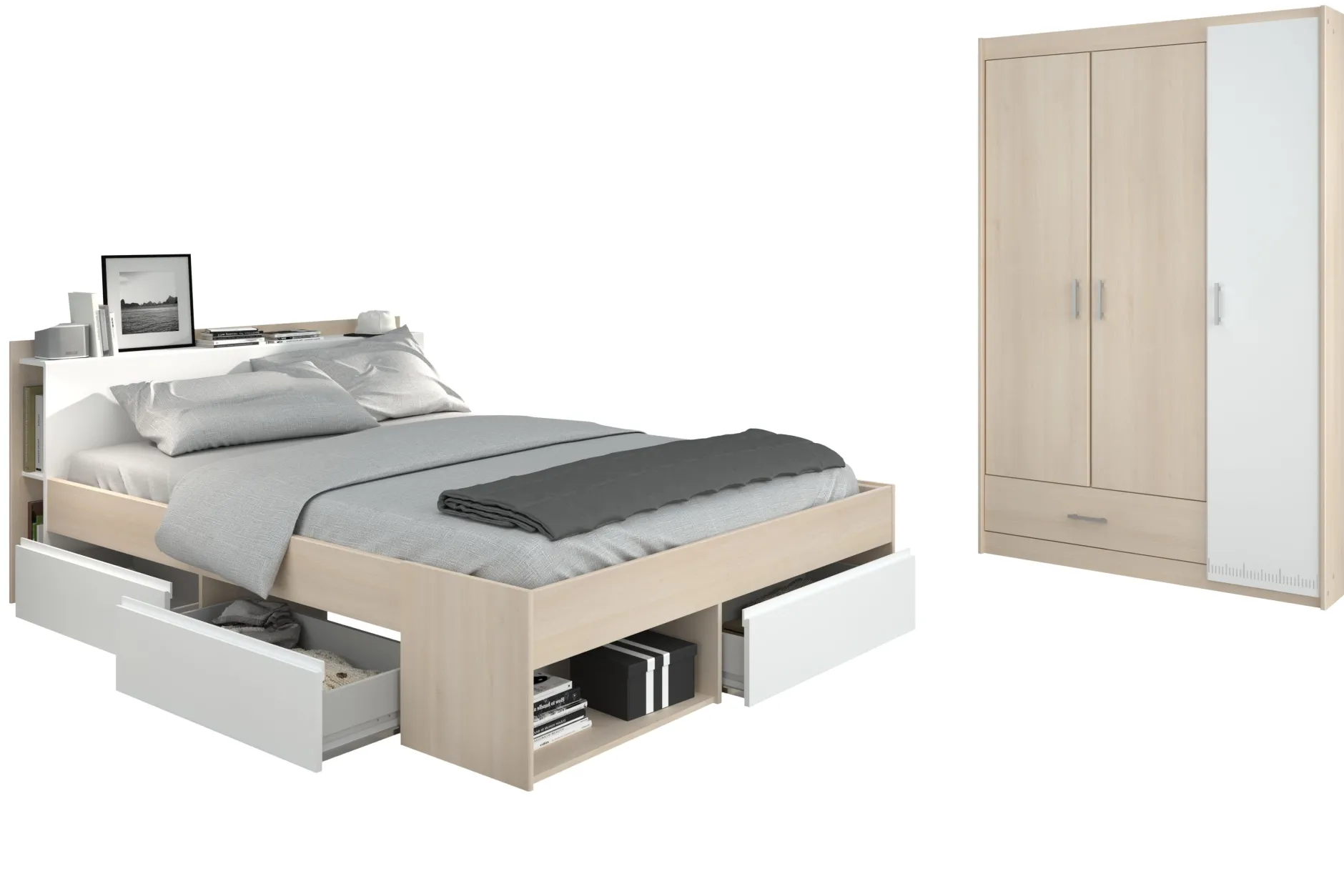 Schlafzimmer-Set Most | Doppelbett mit Stauraum, Kleiderschrank