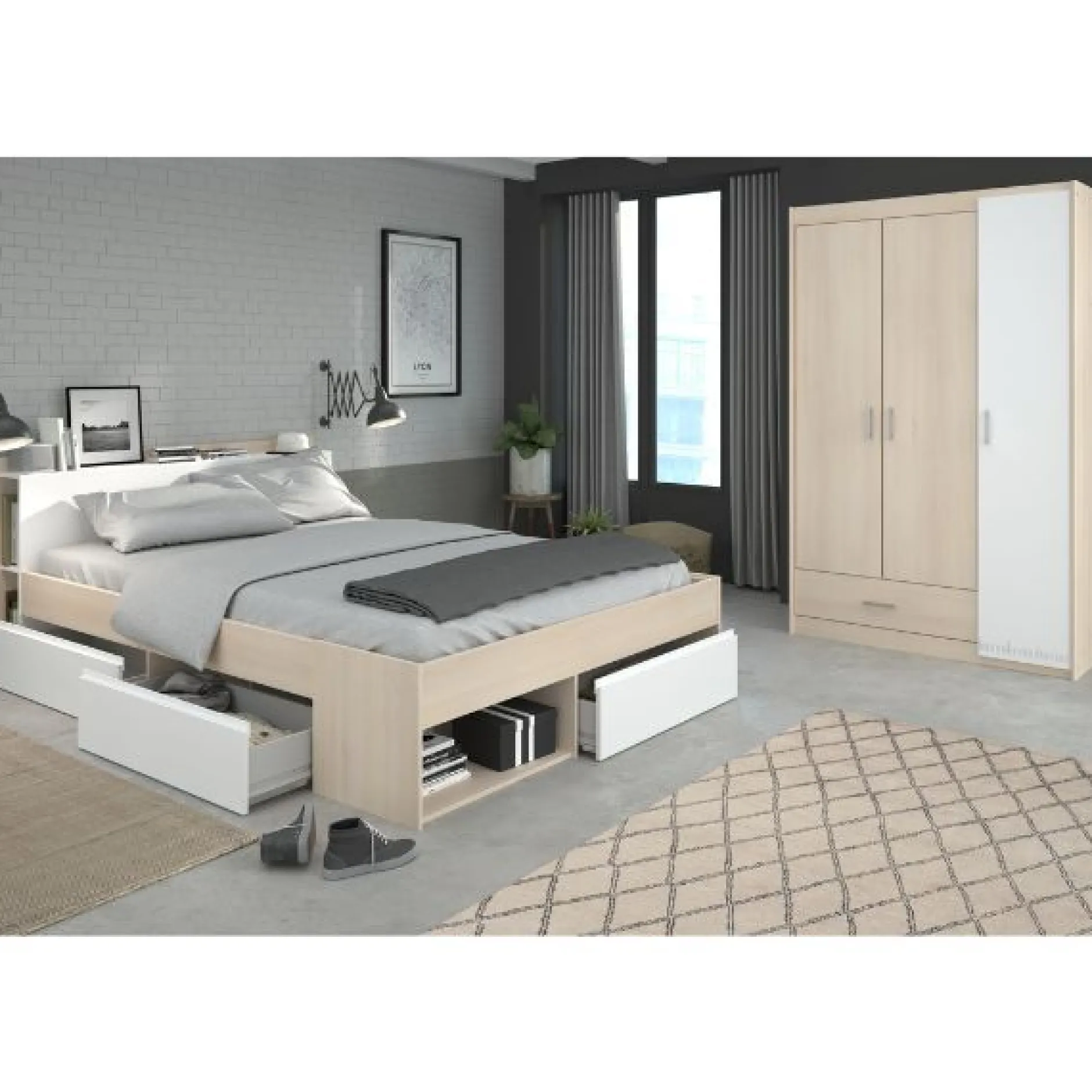 Schlafzimmer-Set Most | Doppelbett mit Stauraum, Kleiderschrank