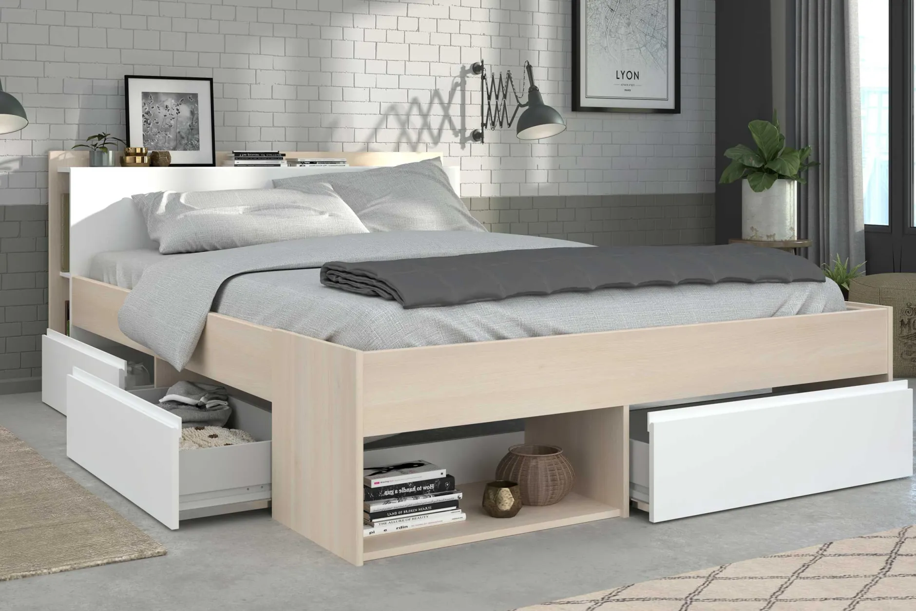 Schlafzimmer-Set Most | Doppelbett mit Stauraum, Kleiderschrank, Schreibtisch