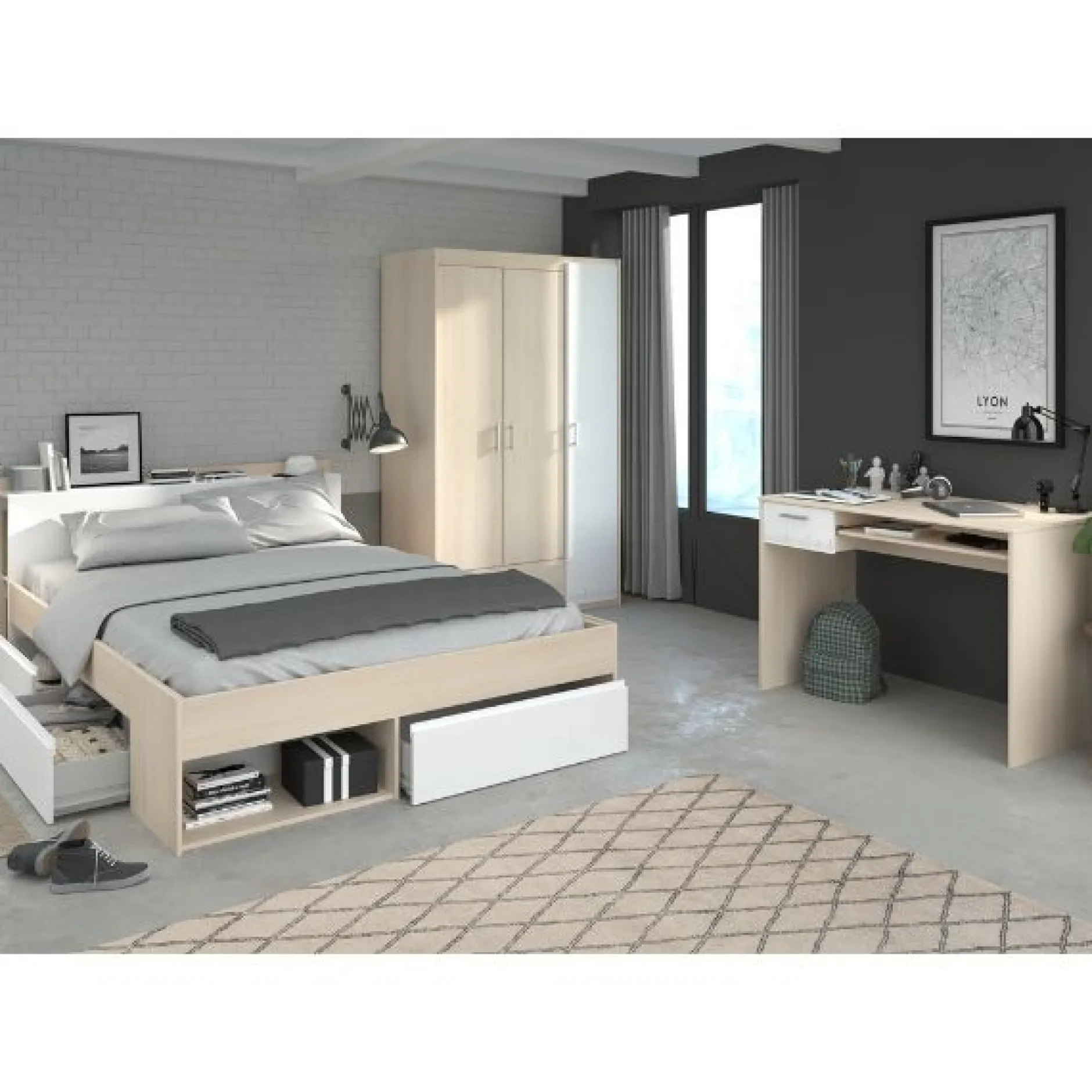 Schlafzimmer-Set Most | Doppelbett mit Stauraum, Kleiderschrank, Schreibtisch
