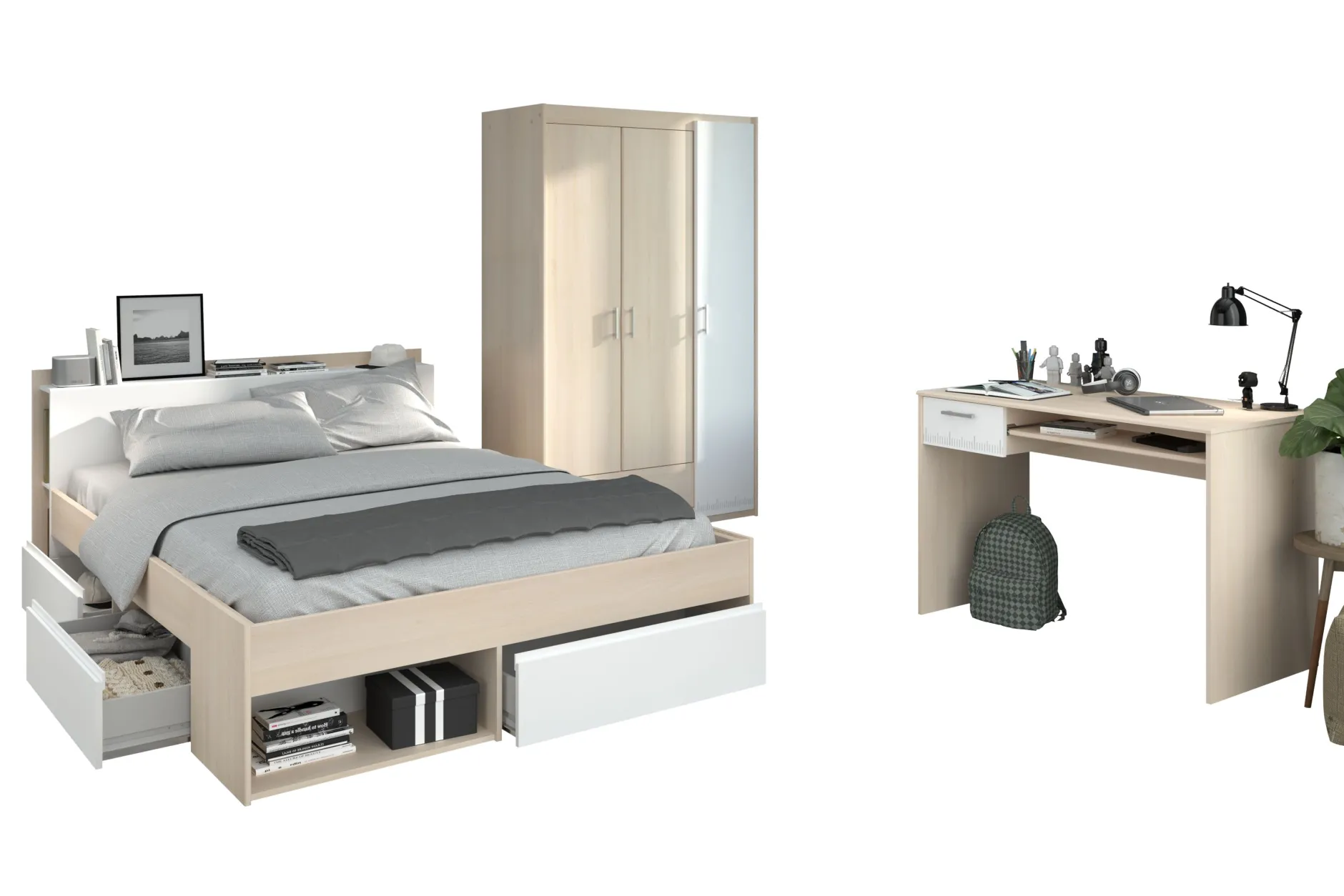 Schlafzimmer-Set Most | Doppelbett mit Stauraum, Kleiderschrank, Schreibtisch