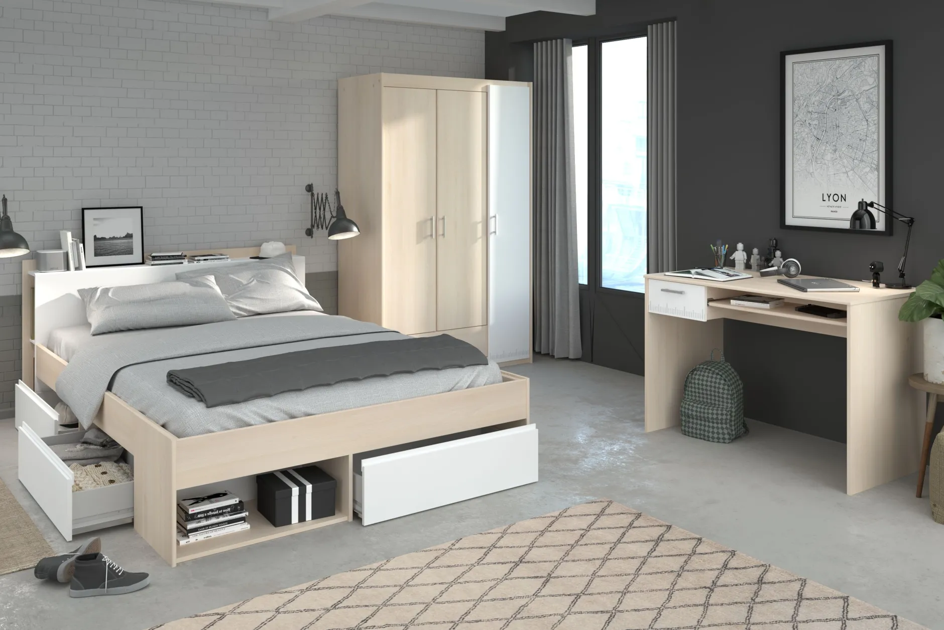 Schlafzimmer-Set Most | Doppelbett, Kleiderschrank, Schreibtisch
