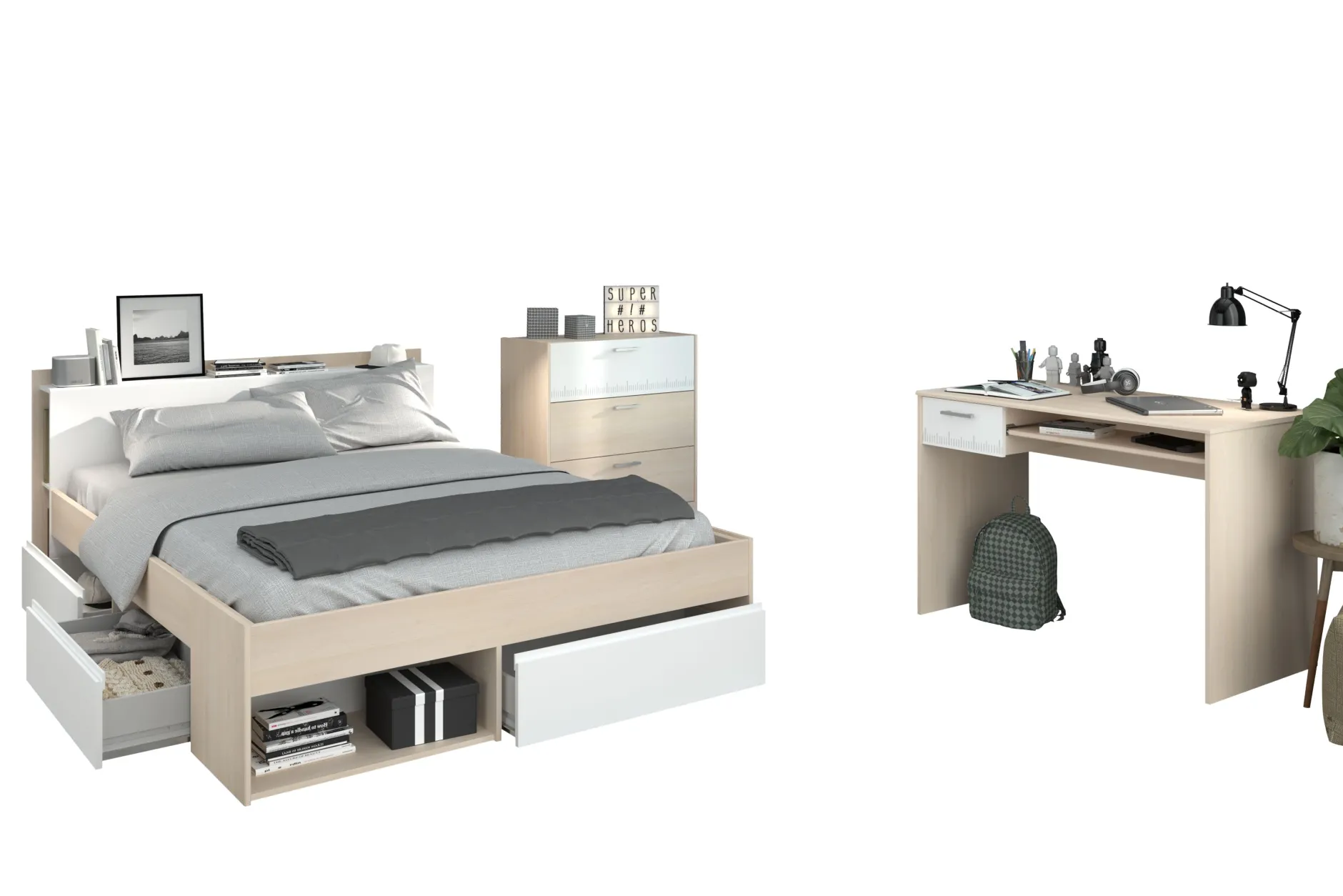 Schlafzimmer-Set Most | Doppelbett mit Stauraum, Schreibtisch, Kommode