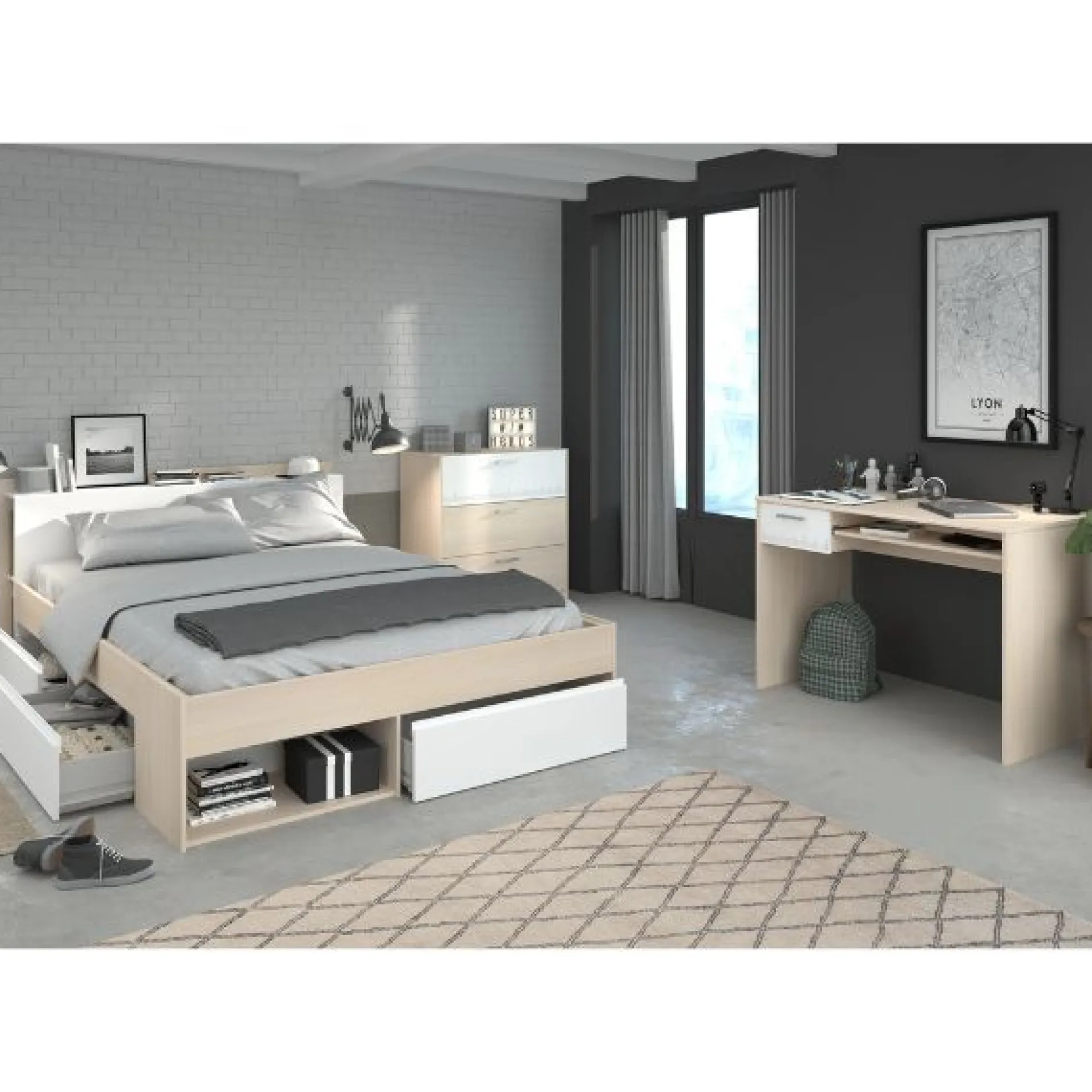 Schlafzimmer-Set Most | Doppelbett mit Stauraum, Schreibtisch, Kommode