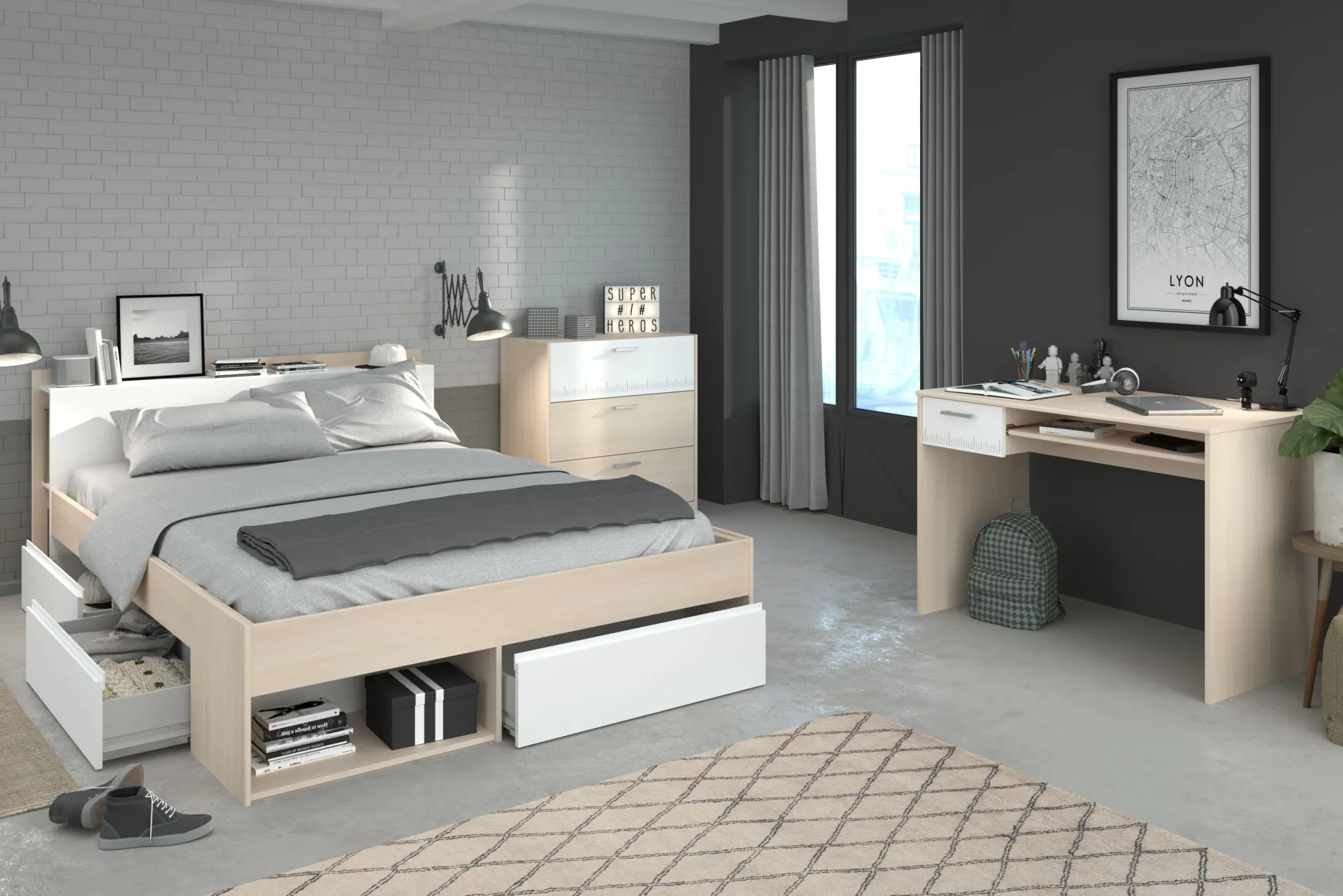 Schlafzimmer-Set Most | Doppelbett mit Stauraum, Schreibtisch, Kommode