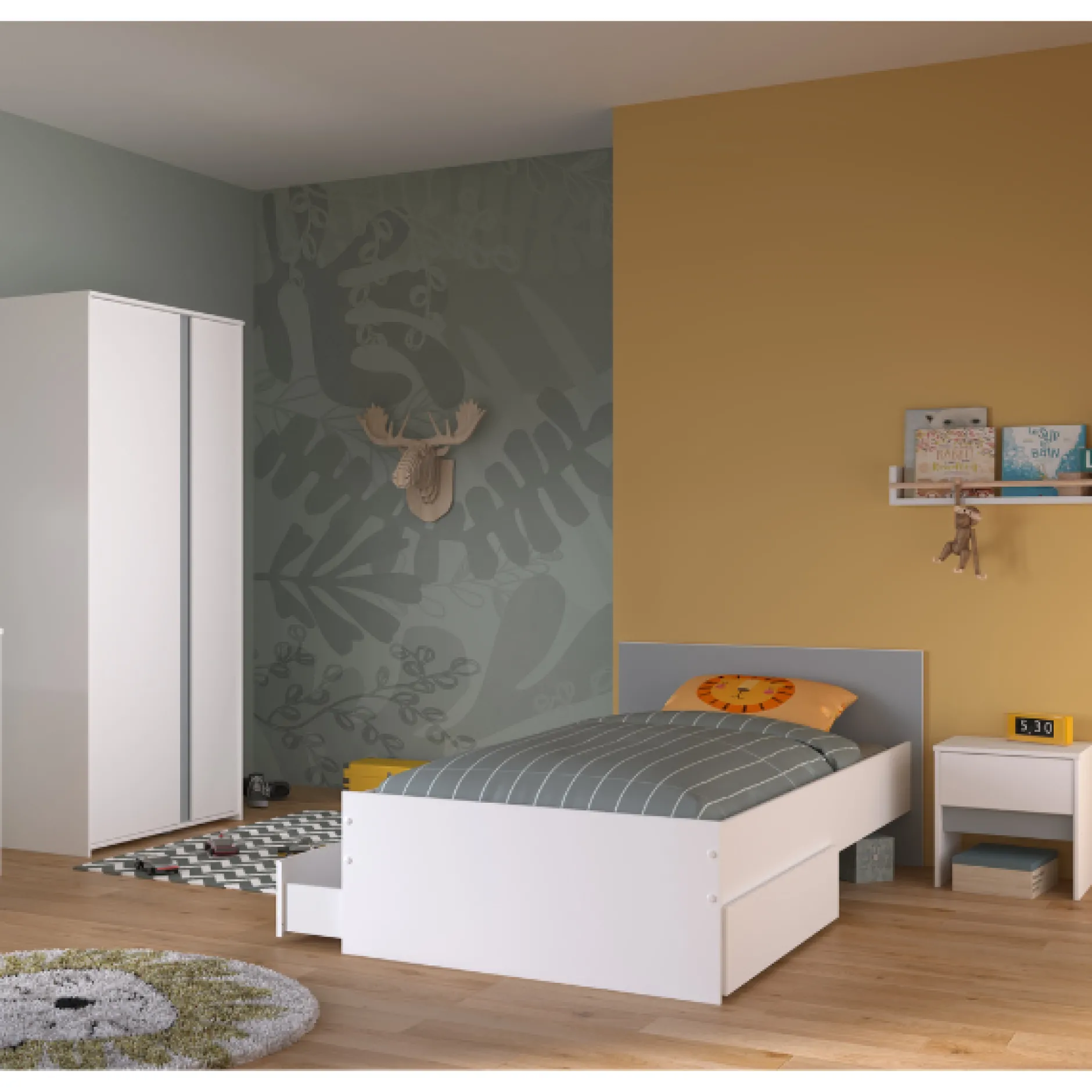 Schlafzimmerset Rue | Einzelbett, Nachttisch, Nachttisch, Kleiderschrank