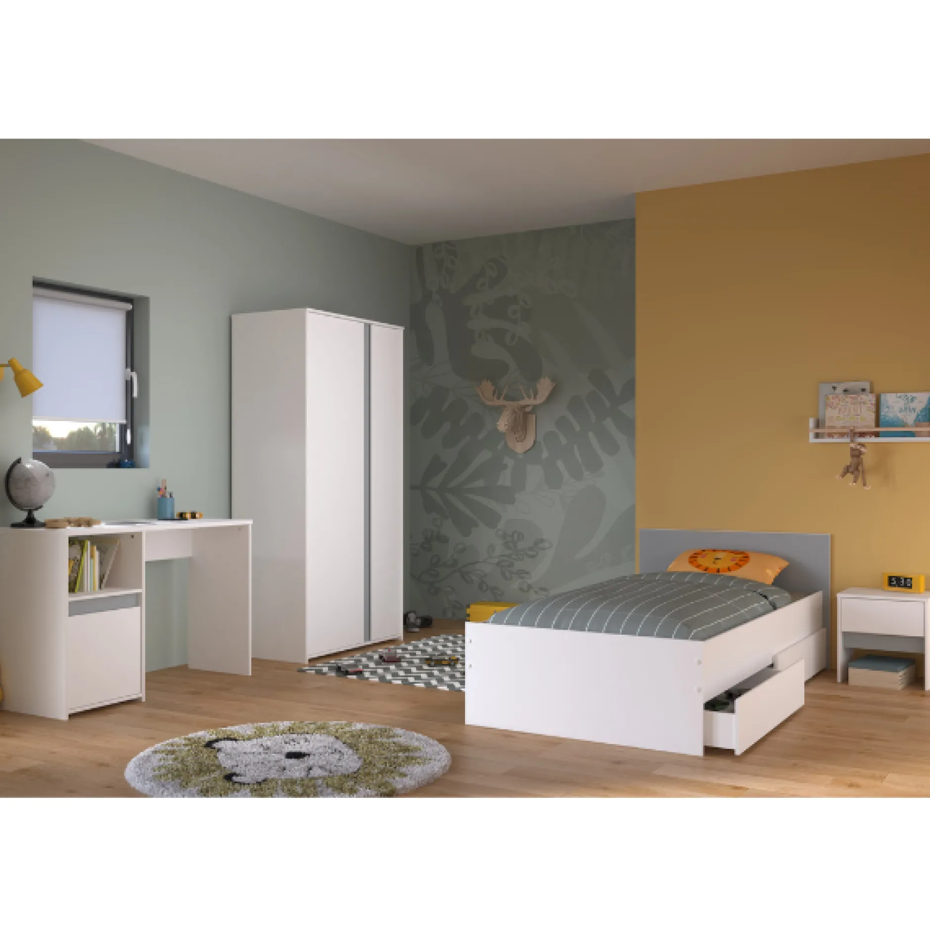 Schlafzimmer-Set Rue| Einzelbett, Bettkasten-Set, Nachttisch, Kleiderschrank, Schreibtisch