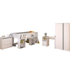 Schlafzimmerset Rue | Halbhochbett, Kleiderschrank, Kommode und Schreibtisch