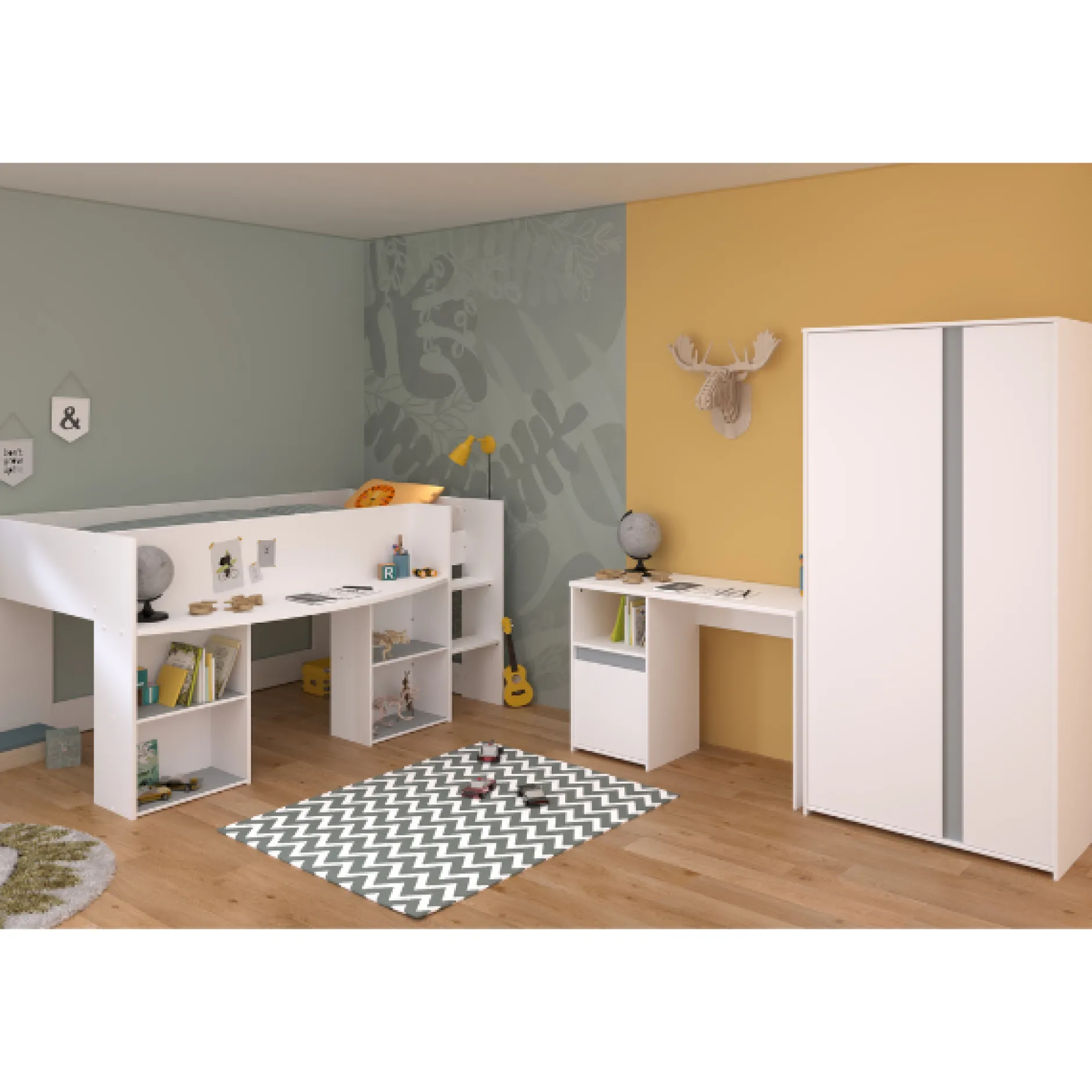 Schlafzimmerset Rue | Halbhohes Bett, Kleiderschrank und Schreibtisch
