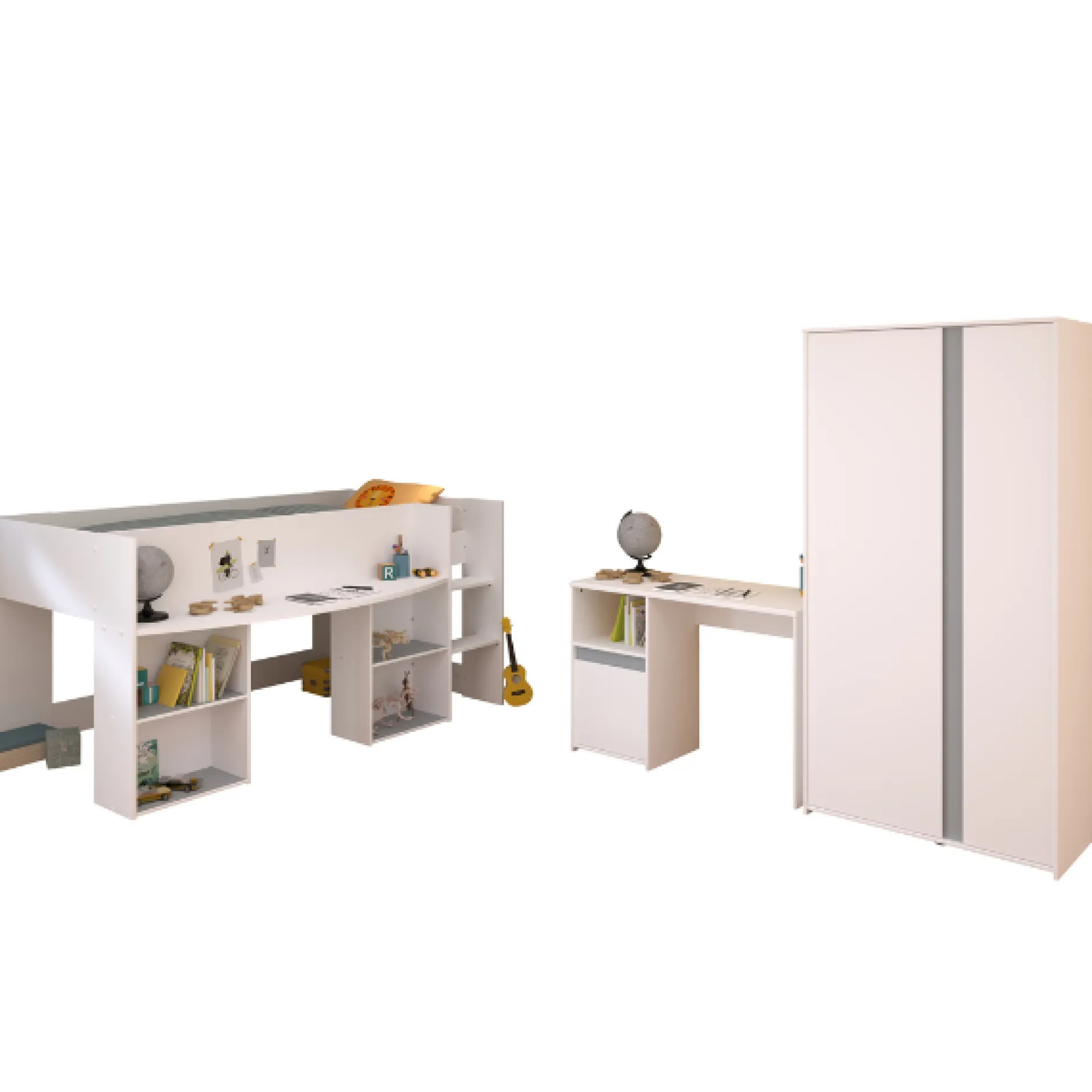 Schlafzimmerset Rue | Halbhohes Bett, Kleiderschrank und Schreibtisch