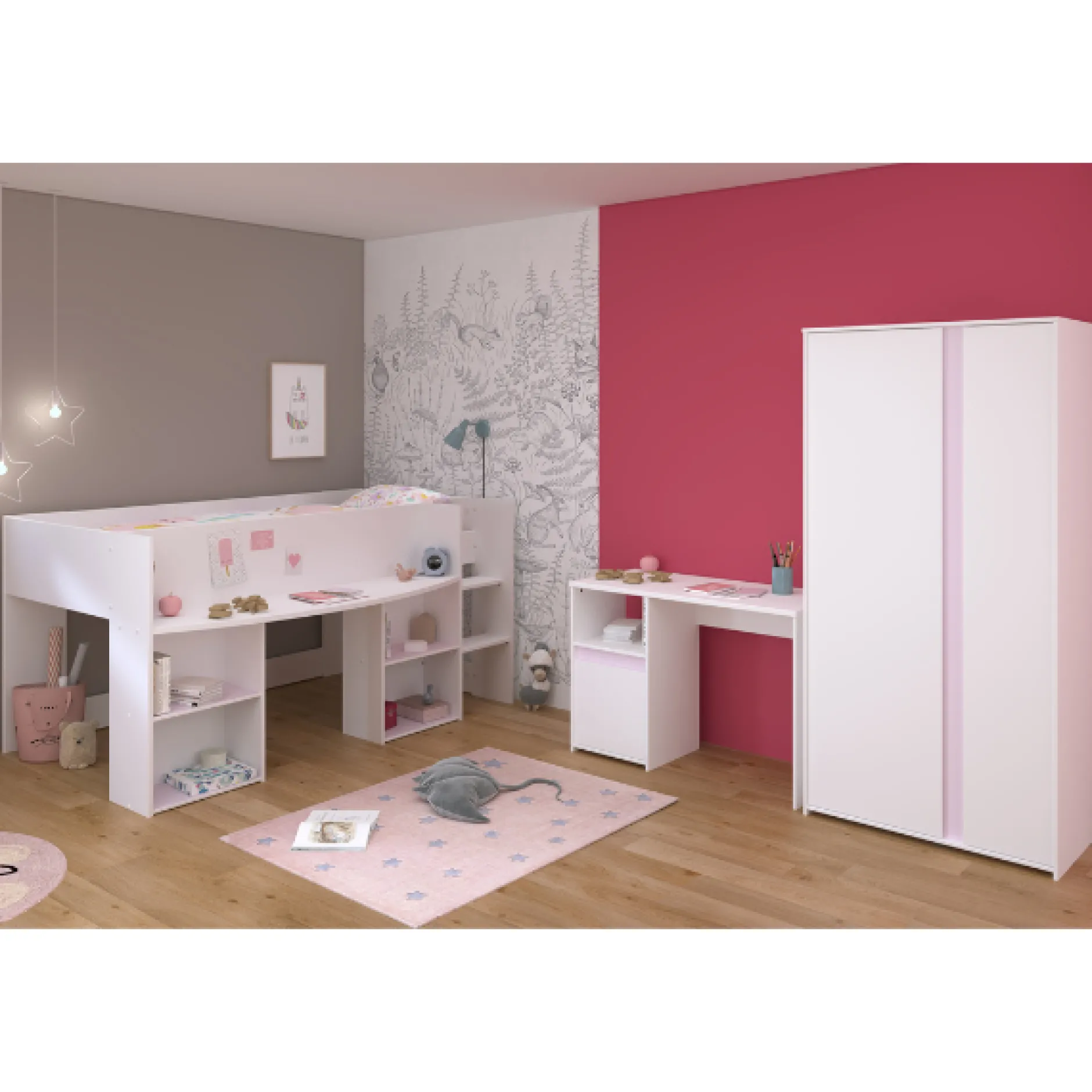 Schlafzimmerset Rue | Halbhohes Bett, Kleiderschrank und Schreibtisch