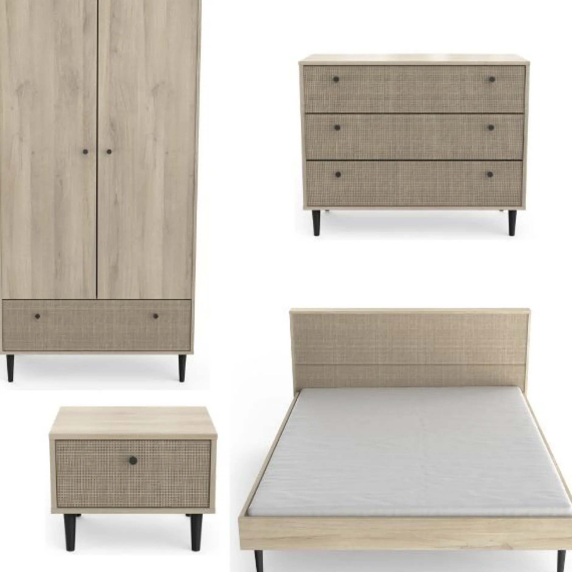 Schlafzimmerset Sayuri | Doppelbett, Nachttisch, Kleiderschrank, Kommode | Kronberg Oak Design