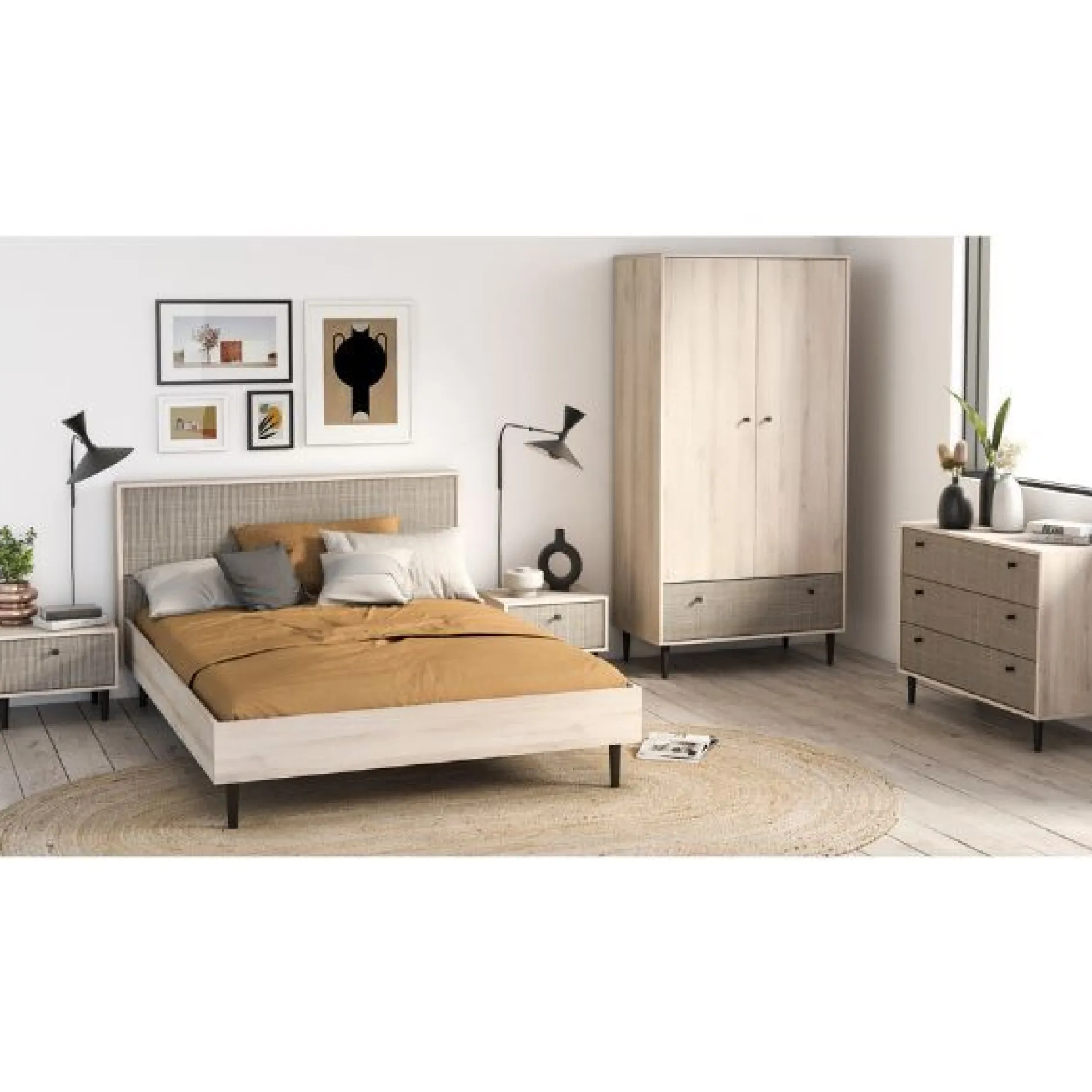 Schlafzimmerset Sayuri | Doppelbett, Nachttisch, Kleiderschrank, Kommode | Kronberg Oak Design
