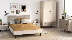 Schlafzimmerset Sayuri | Queen Bett, Nachttisch, Kleiderschrank, Kommode | Kronberg Oak Design