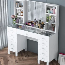 Schminktisch BJ136 - 100% MELAMINE - Weiß - 120 x 133,8 x 40 cm