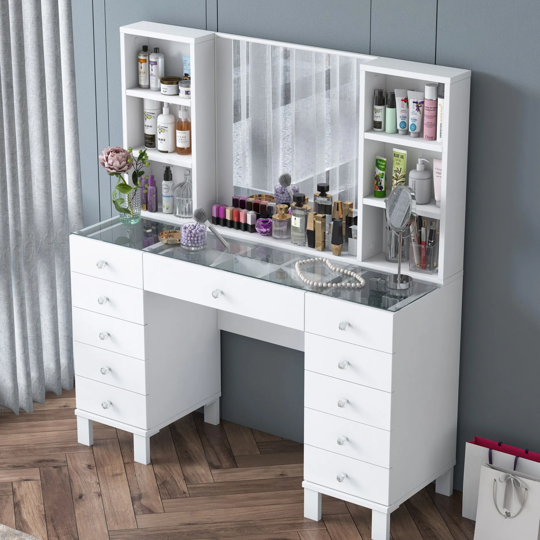 Schminktisch BJ136 - 100% MELAMINE - Weiß - 120 x 133,8 x 40 cm