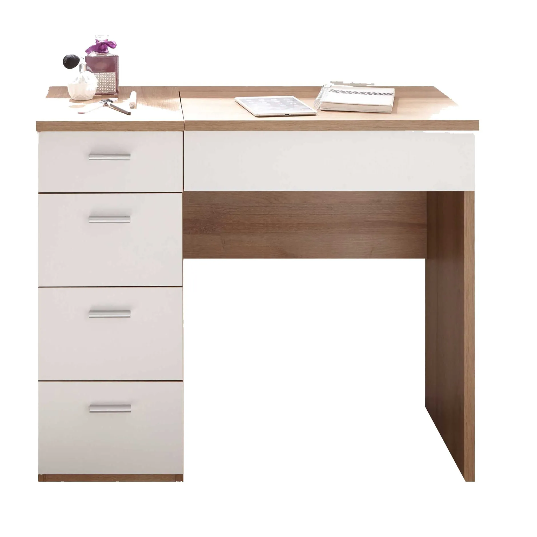 Schminktisch Loïs 90cm, 1 Tür und 4 Schubladen - Eiche hell Dekor/Weiß