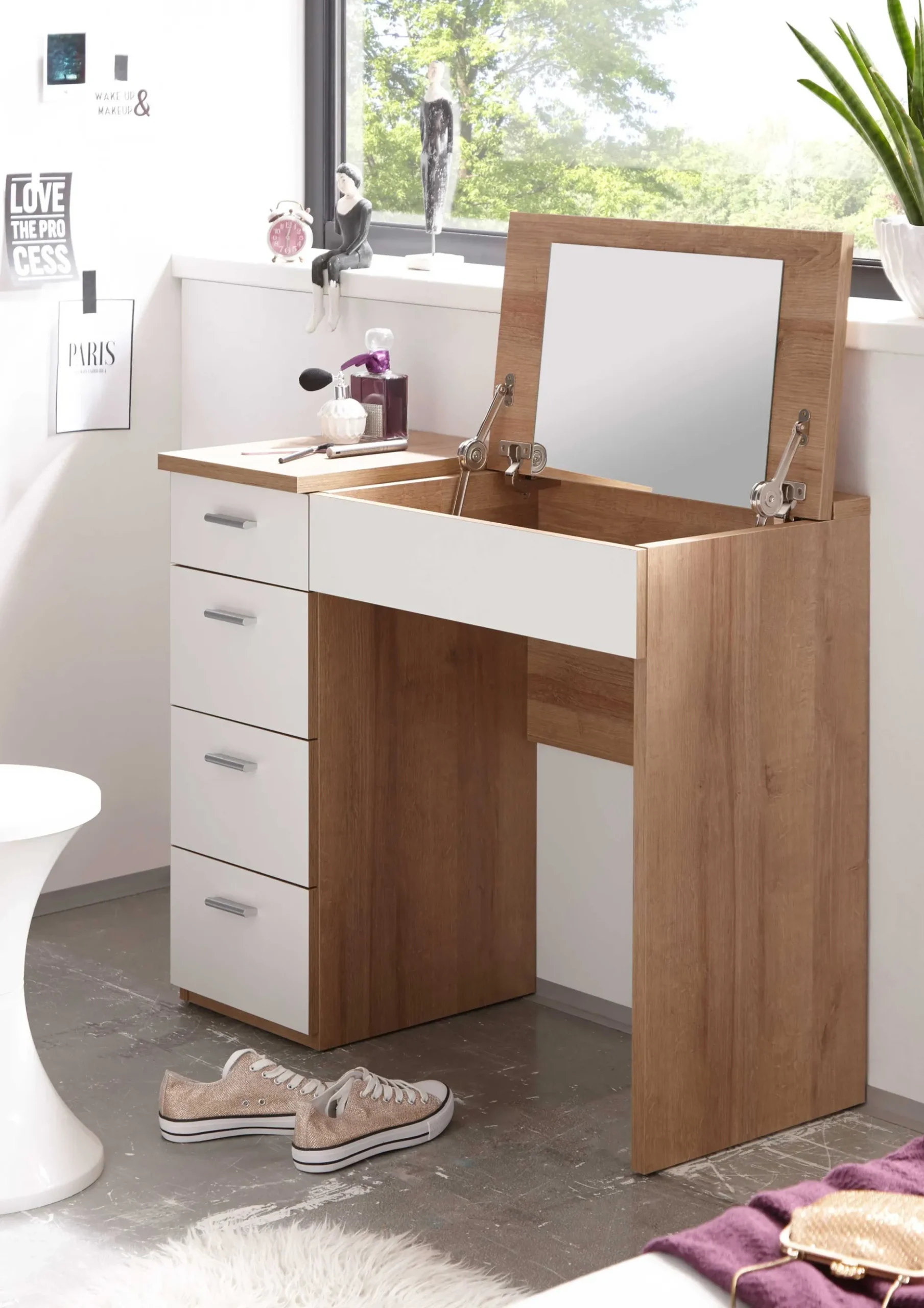 Schminktisch Loïs 90cm, 1 Tür und 4 Schubladen - Eiche hell Dekor/Weiß