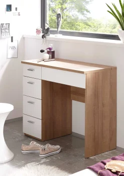 Schminktisch Loïs 90cm, 1 Tür und 4 Schubladen - Eiche hell Dekor/Weiß