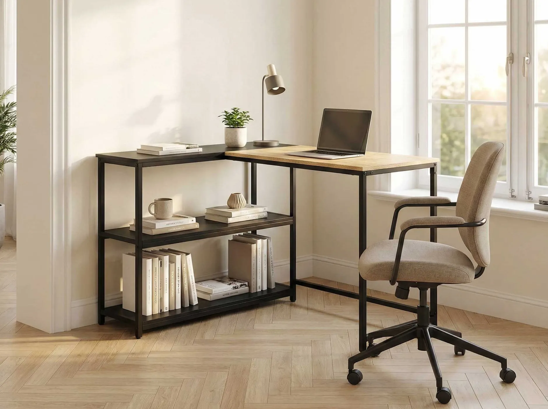 SchmitEckschreibtisch t - 110x80x76cm - mit Stauraum - Eiche Dekor/schwarz