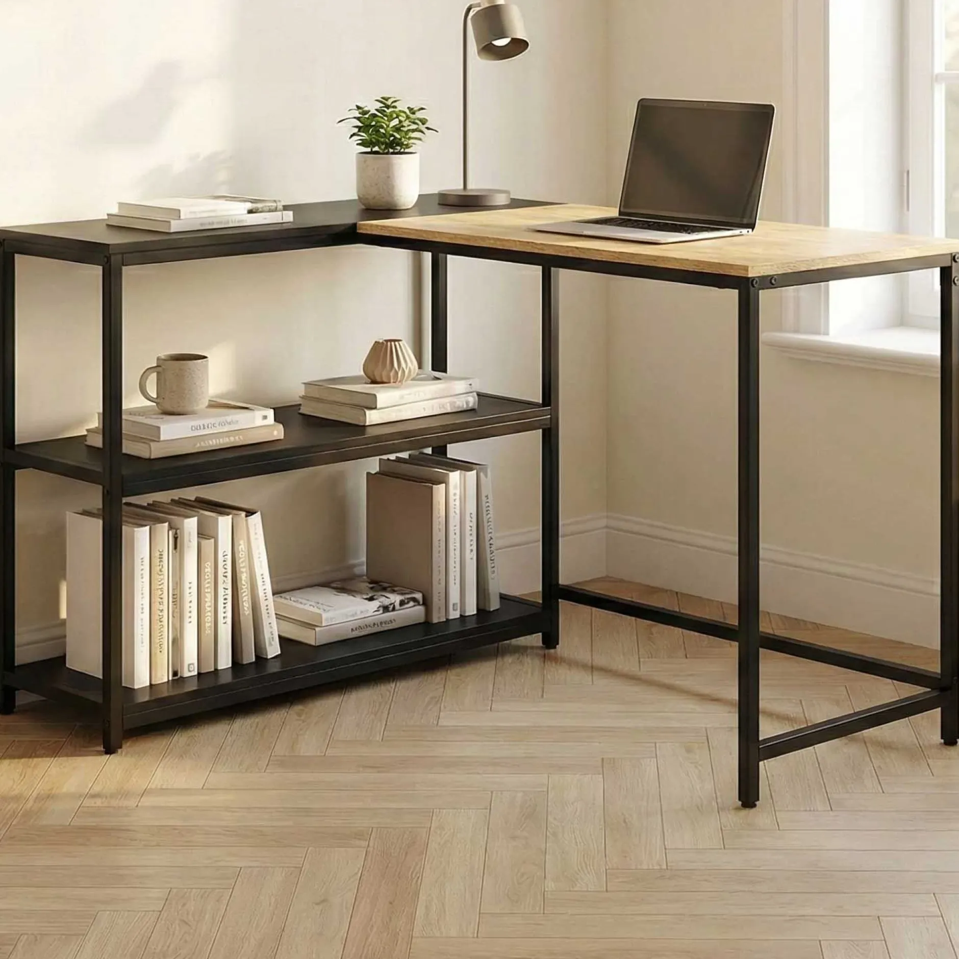 SchmitEckschreibtisch t - 110x80x76cm - mit Stauraum - Eiche Dekor/schwarz