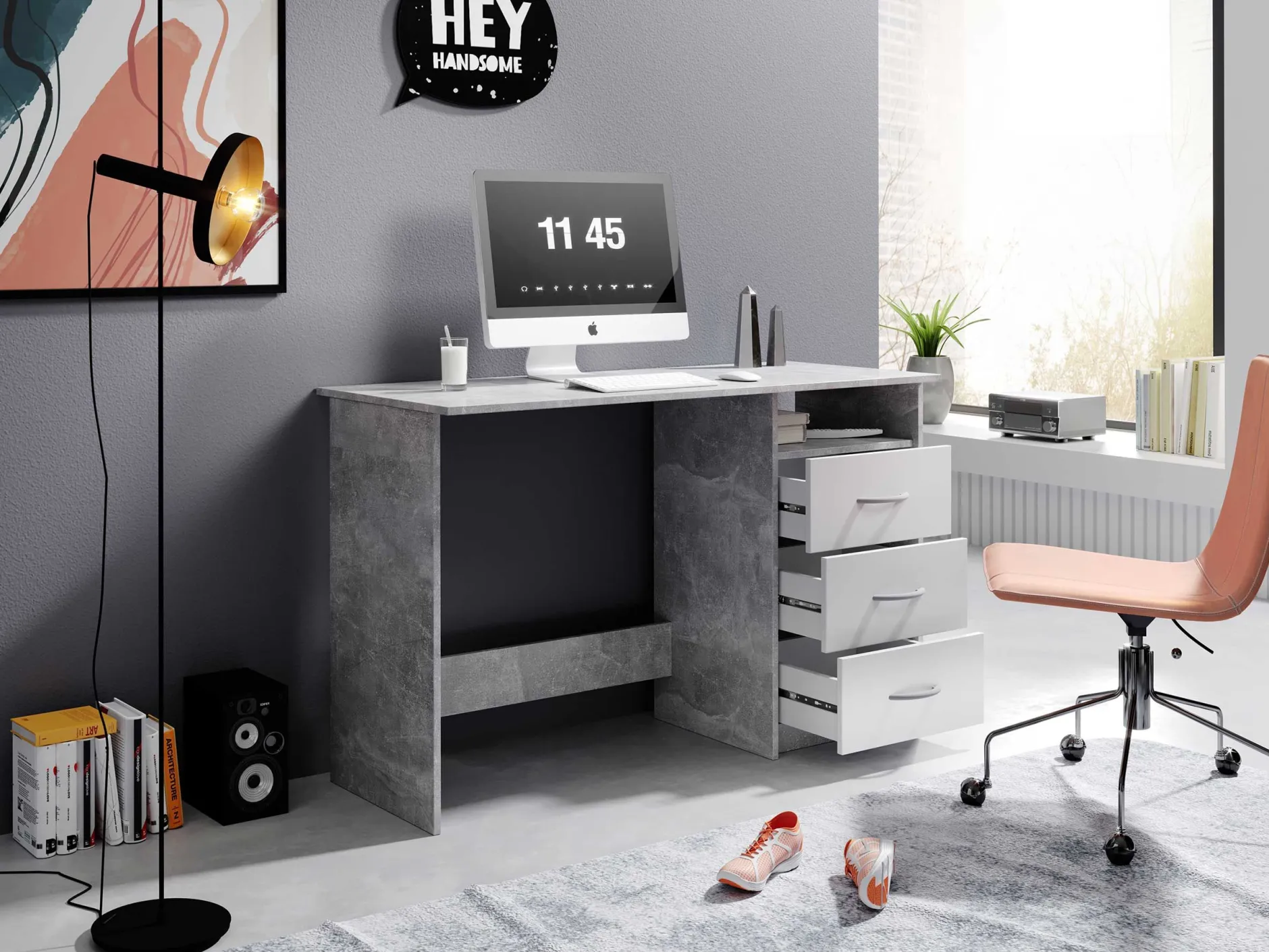 Schreibtisch Adriano 123cm mit 3 Schubladen - Beton/Weiß
